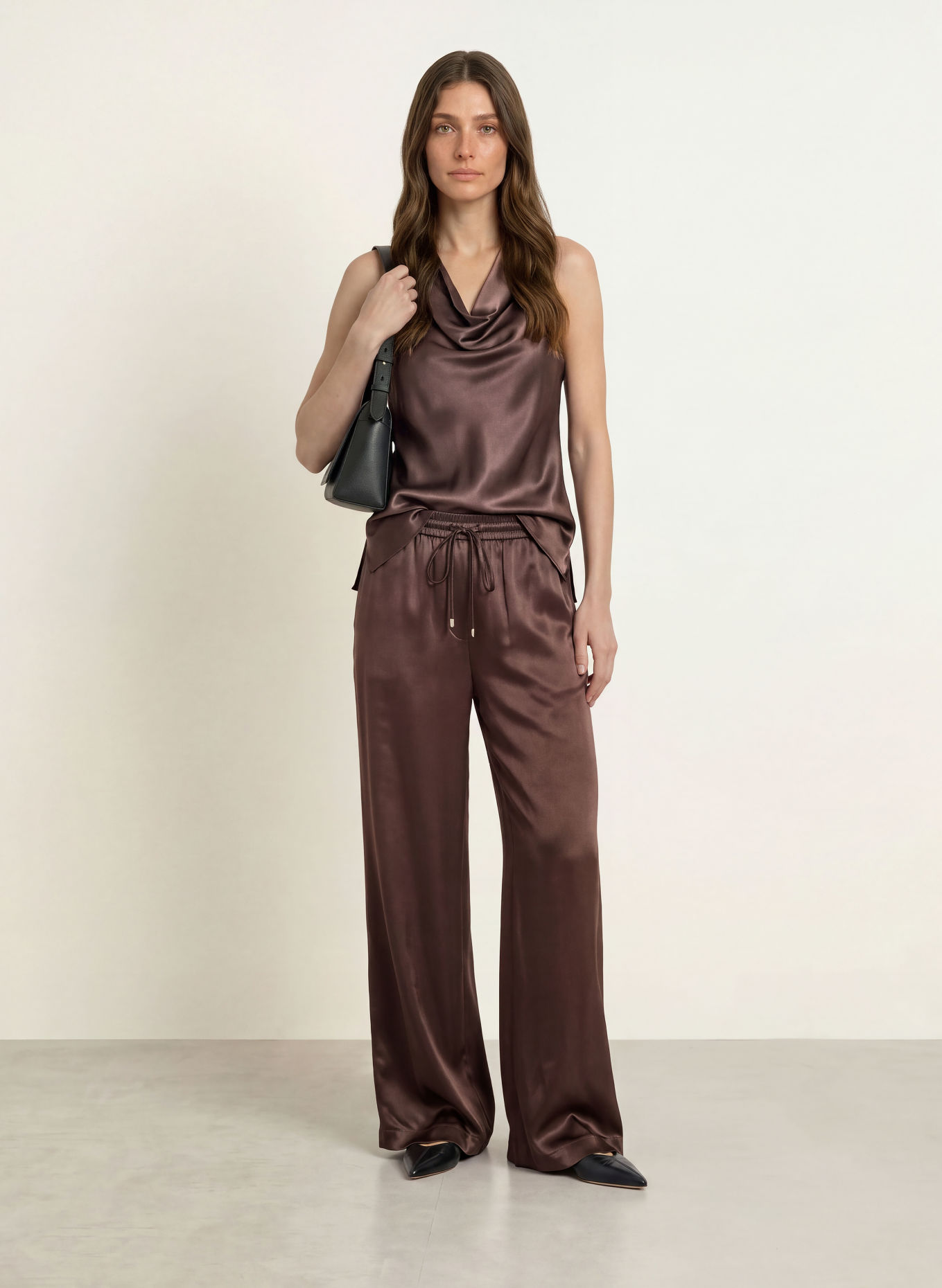 BOSS TAVATI Satin Pants: DARK BROWN