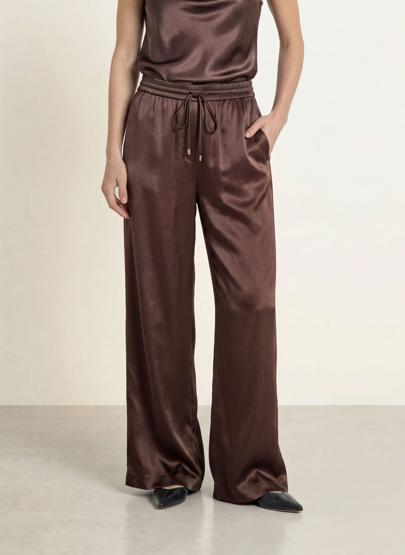 BOSS TAVATI Satin Pants: DARK BROWN
