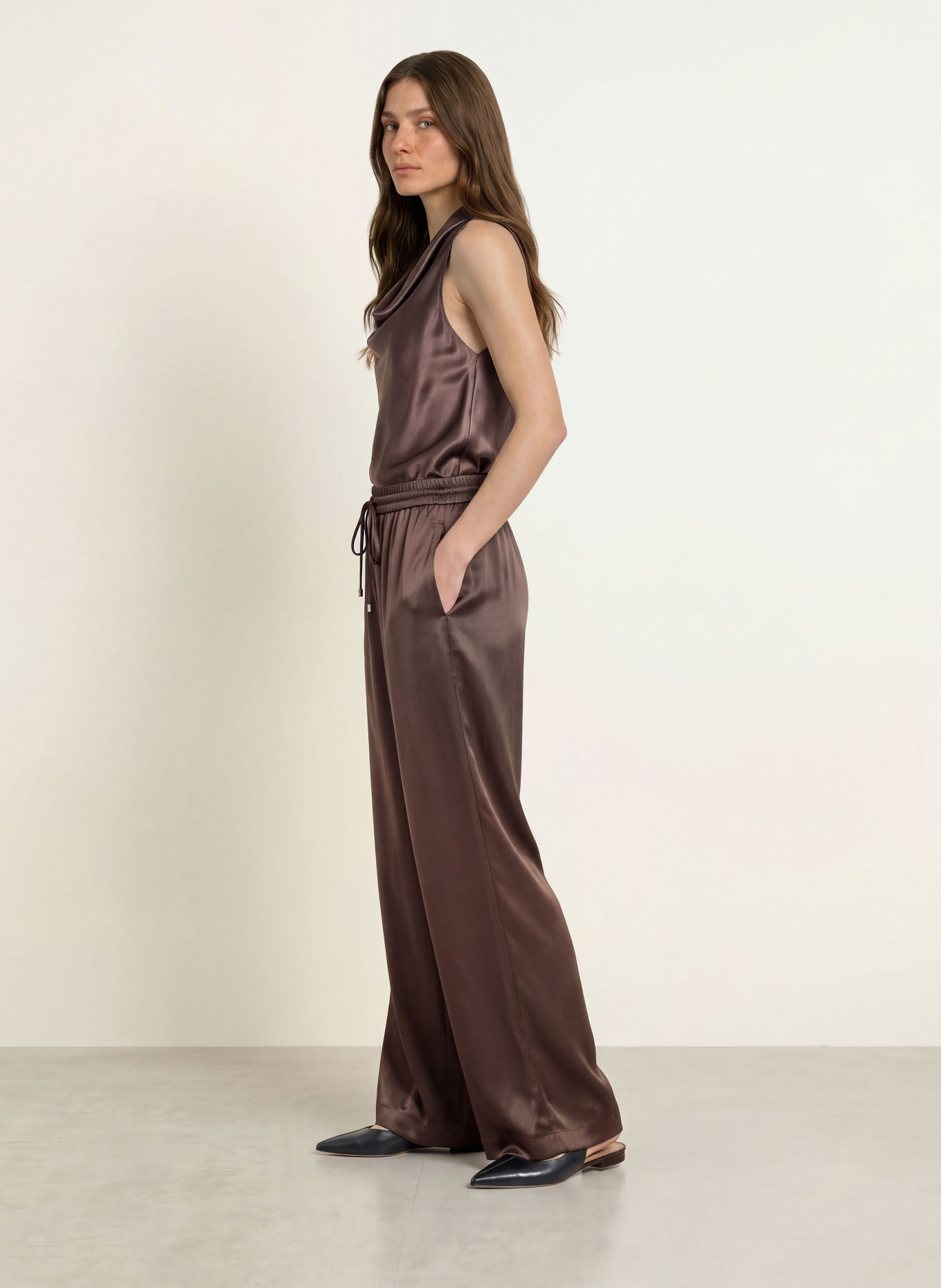 BOSS TAVATI Satin Pants: DARK BROWN