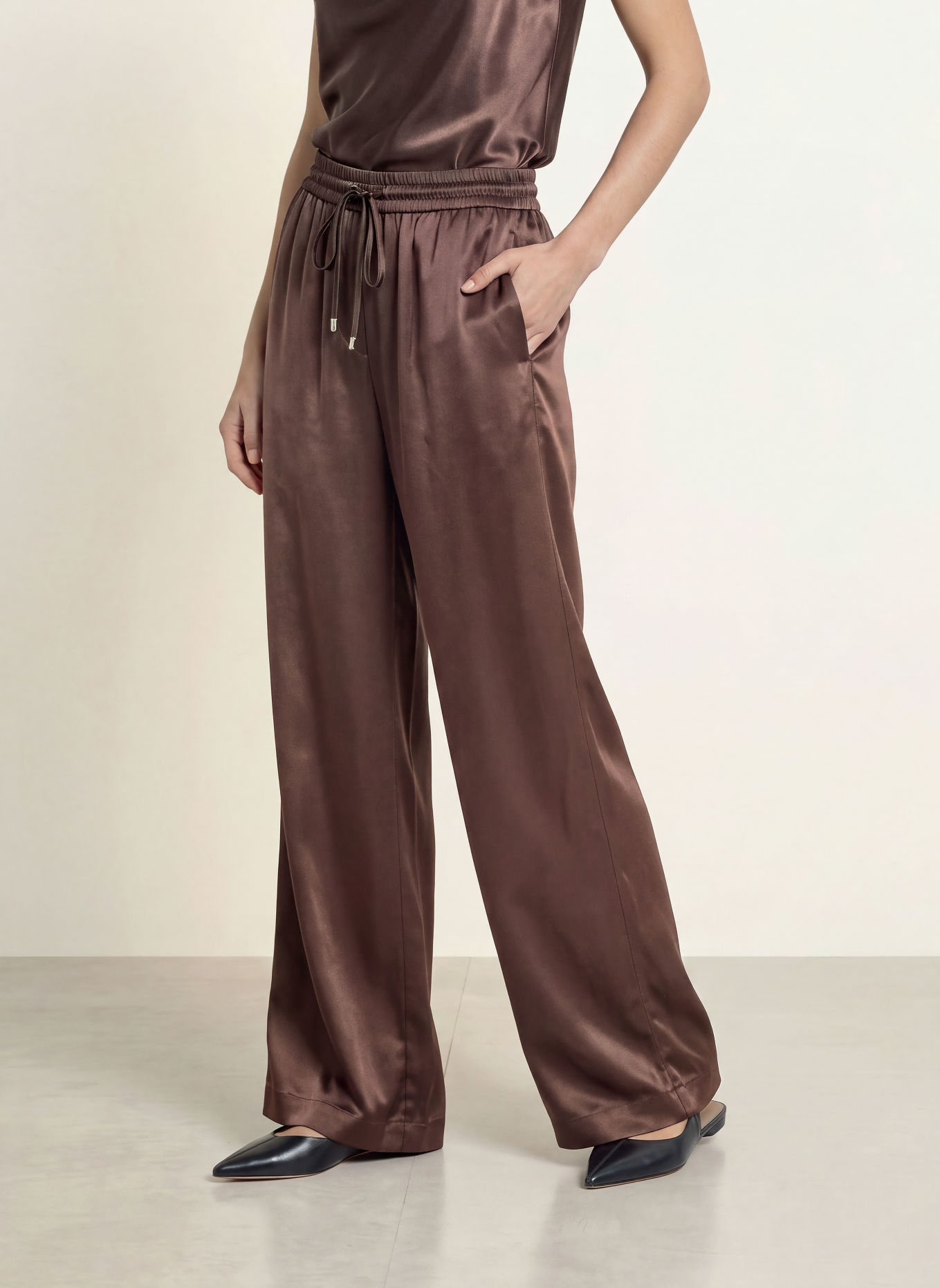 BOSS TAVATI Satin Pants: DARK BROWN
