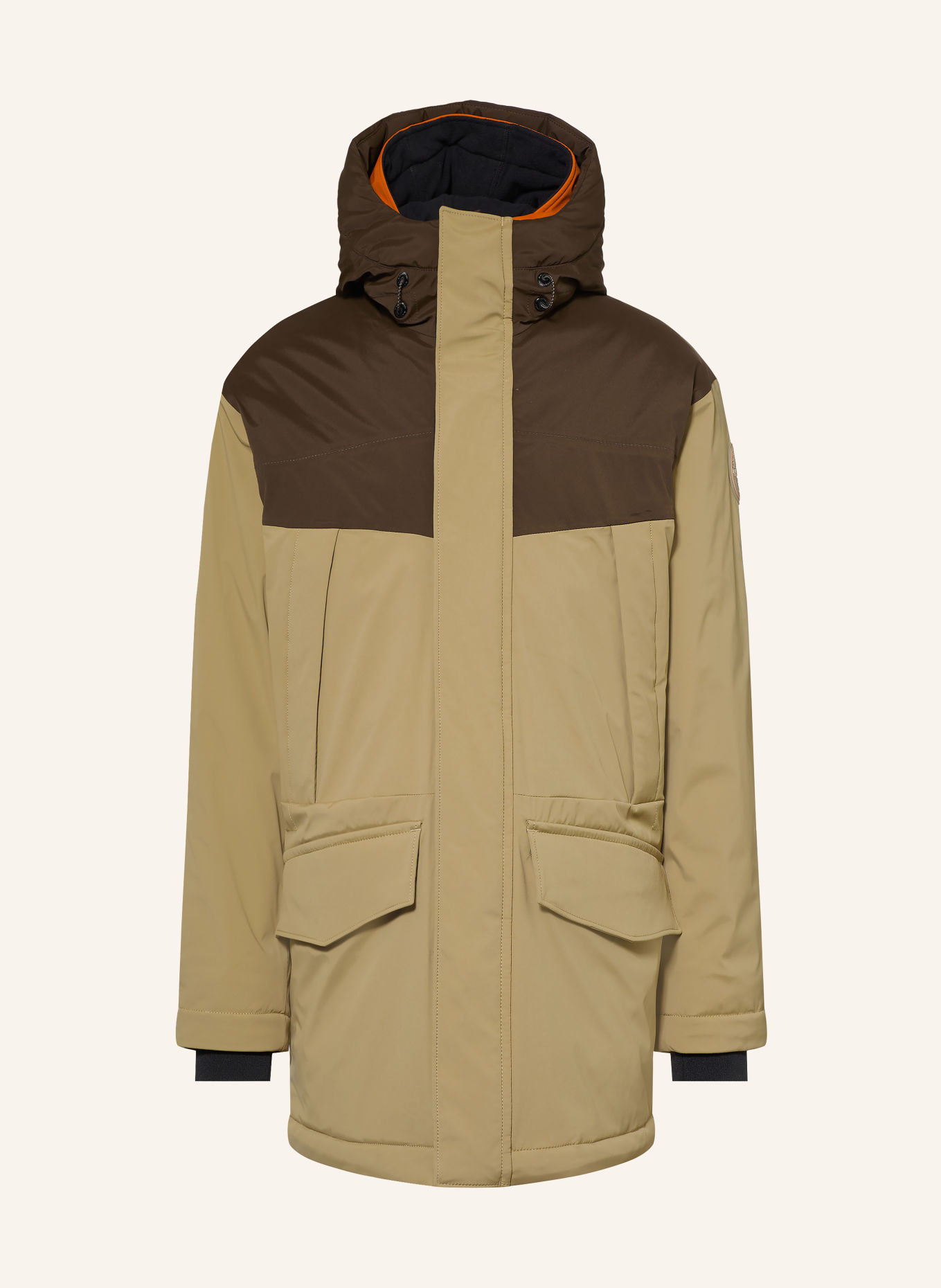 NAPAPIJRI Parka SERIES 20-22 with detachable hood: BEIGE / DARK BROWN / ORANGE