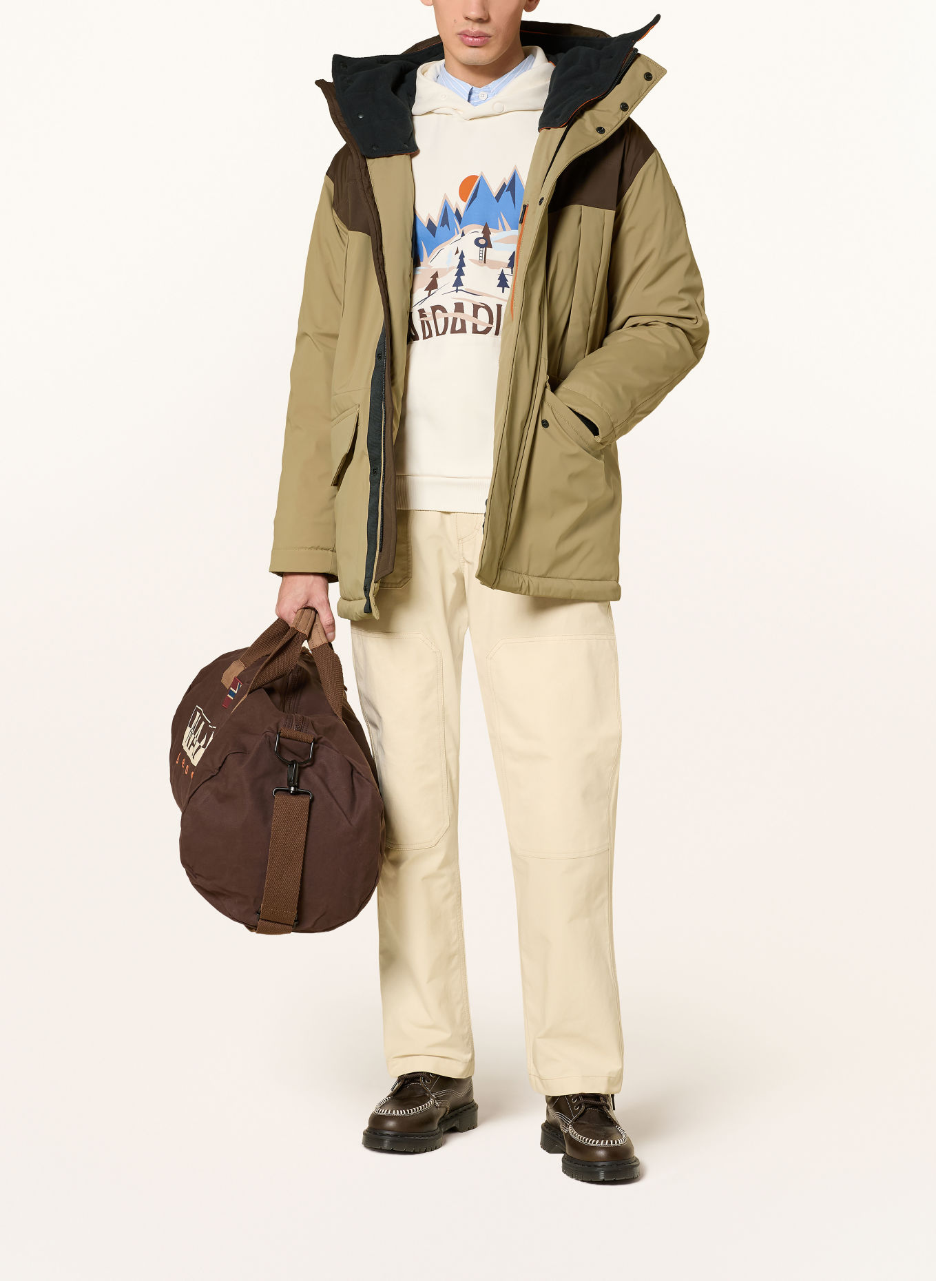 NAPAPIJRI Parka SERIES 20-22 with detachable hood: BEIGE / DARK BROWN / ORANGE