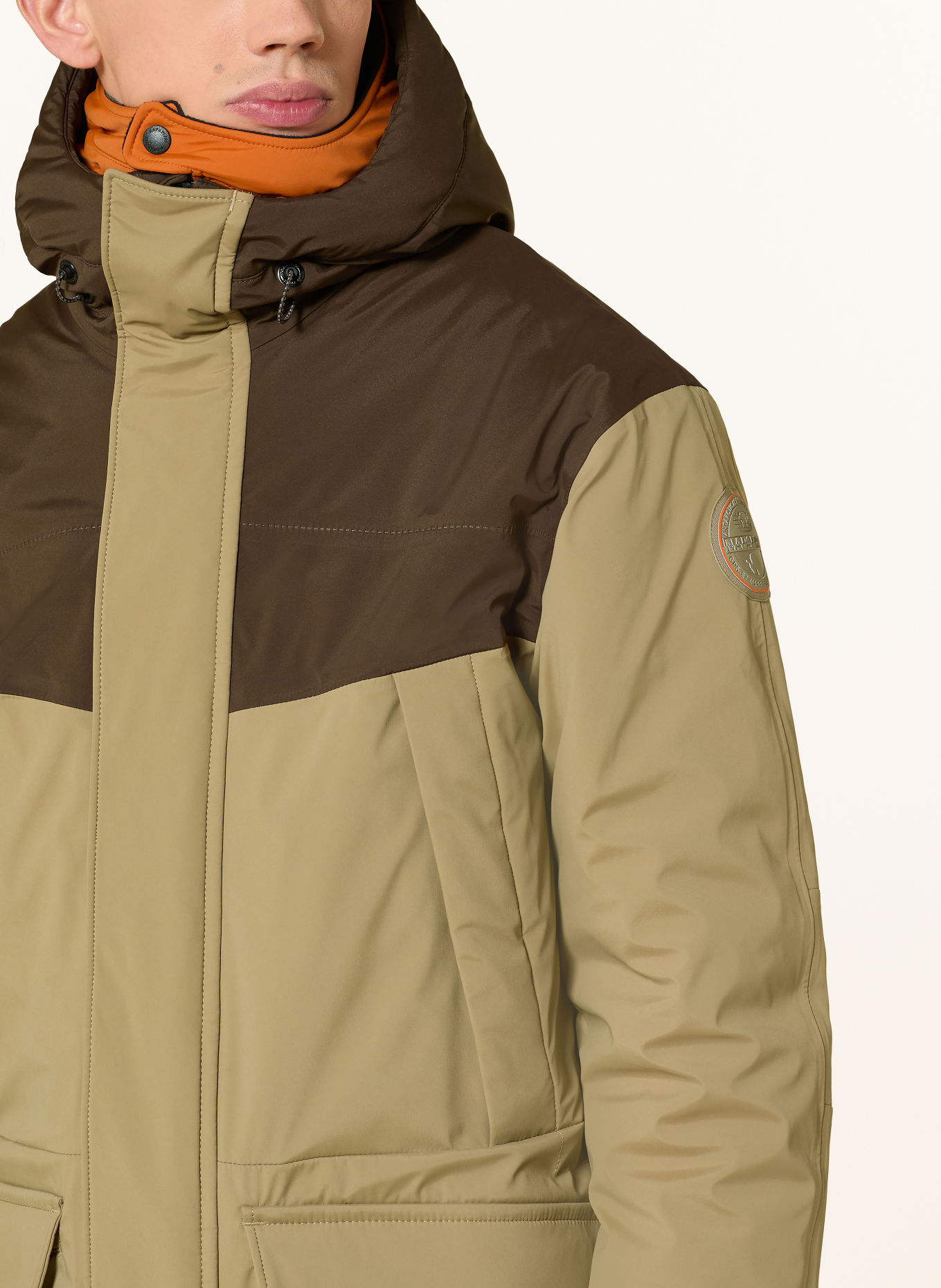 NAPAPIJRI Parka SERIES 20-22 with detachable hood: BEIGE / DARK BROWN / ORANGE