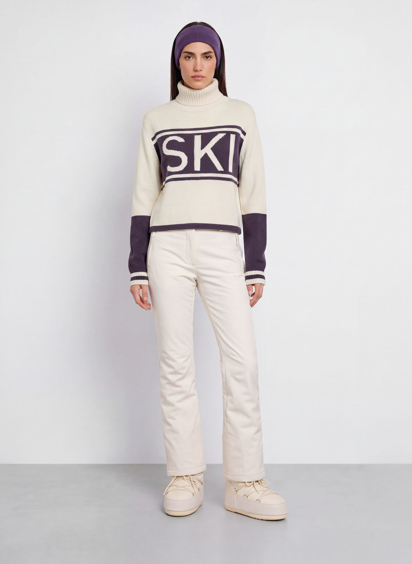 MRS & HUGS Turtleneck sweater with cashmere: ECRU / DARK PURPLE
