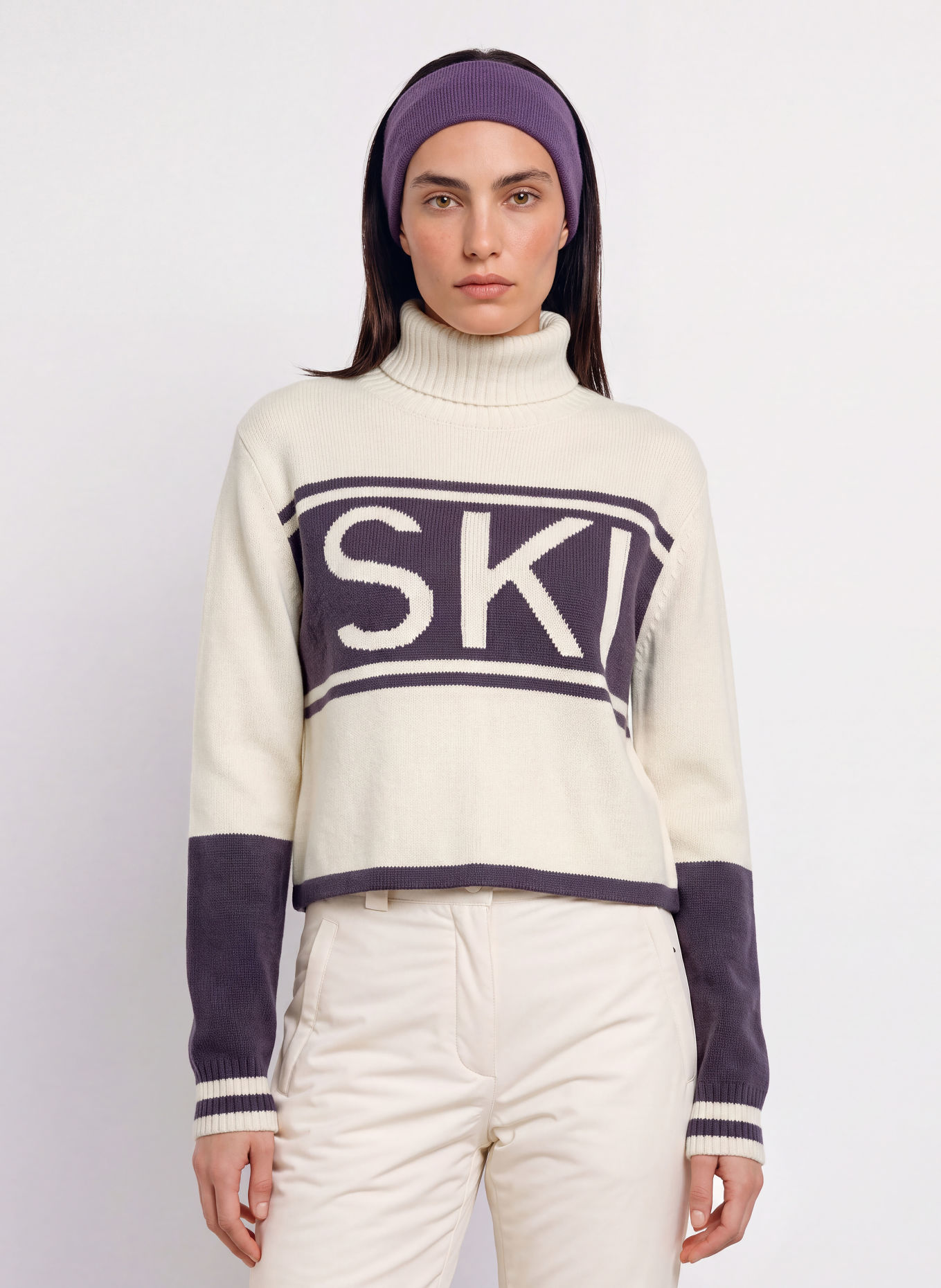 MRS & HUGS Turtleneck sweater with cashmere: ECRU / DARK PURPLE