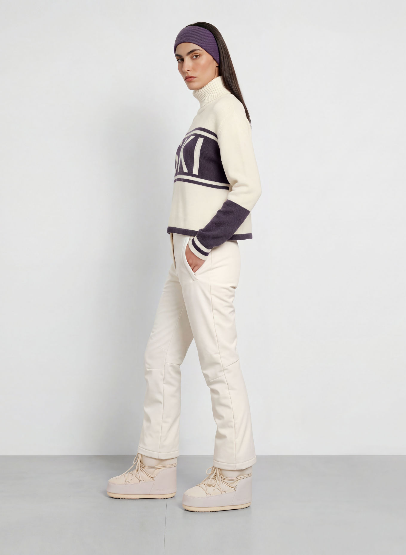 MRS & HUGS Turtleneck sweater with cashmere: ECRU / DARK PURPLE