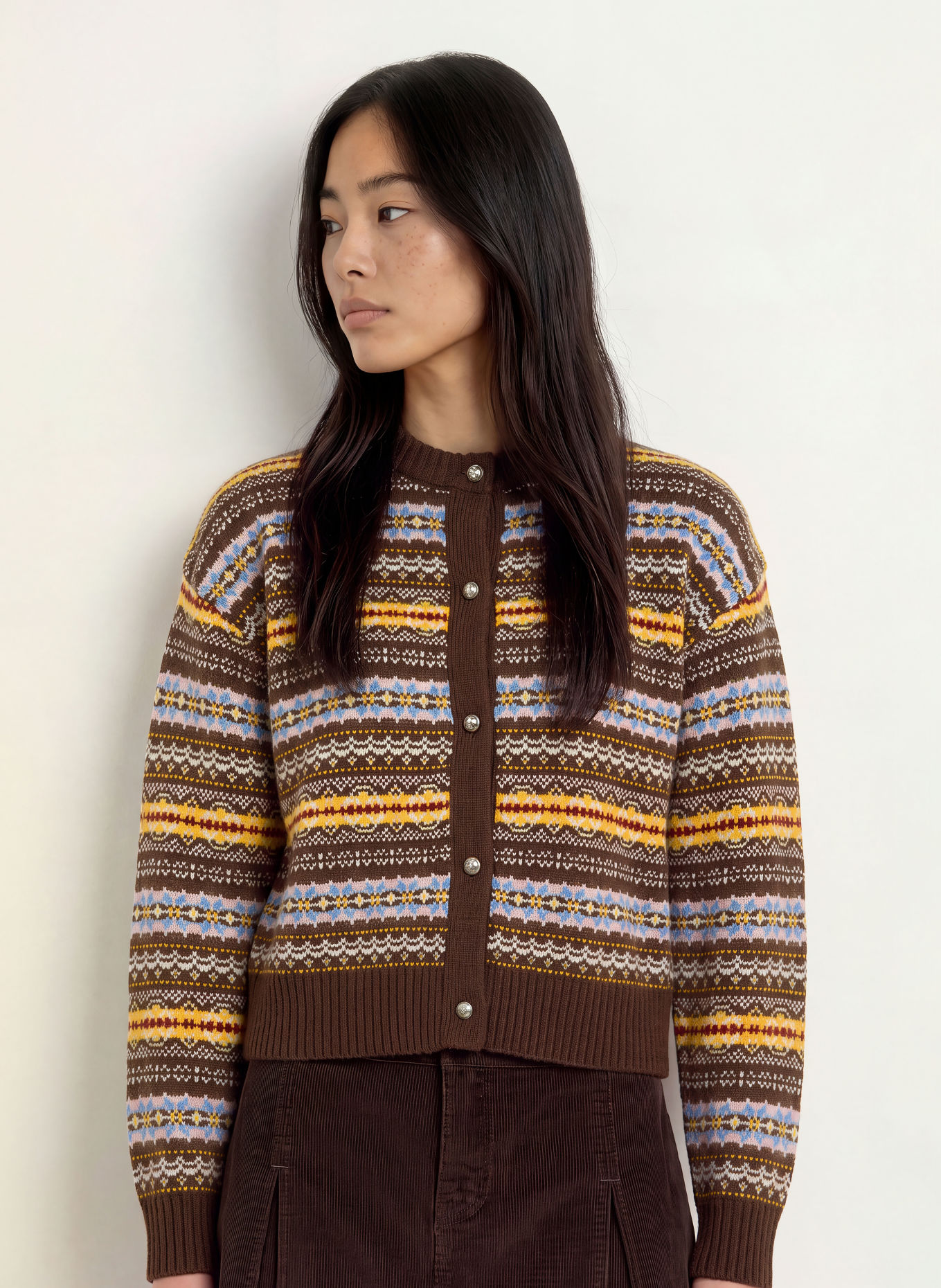 Levi's® CHARLOTTE Cardigan: DARK BROWN / YELLOW / LIGHT BLUE
