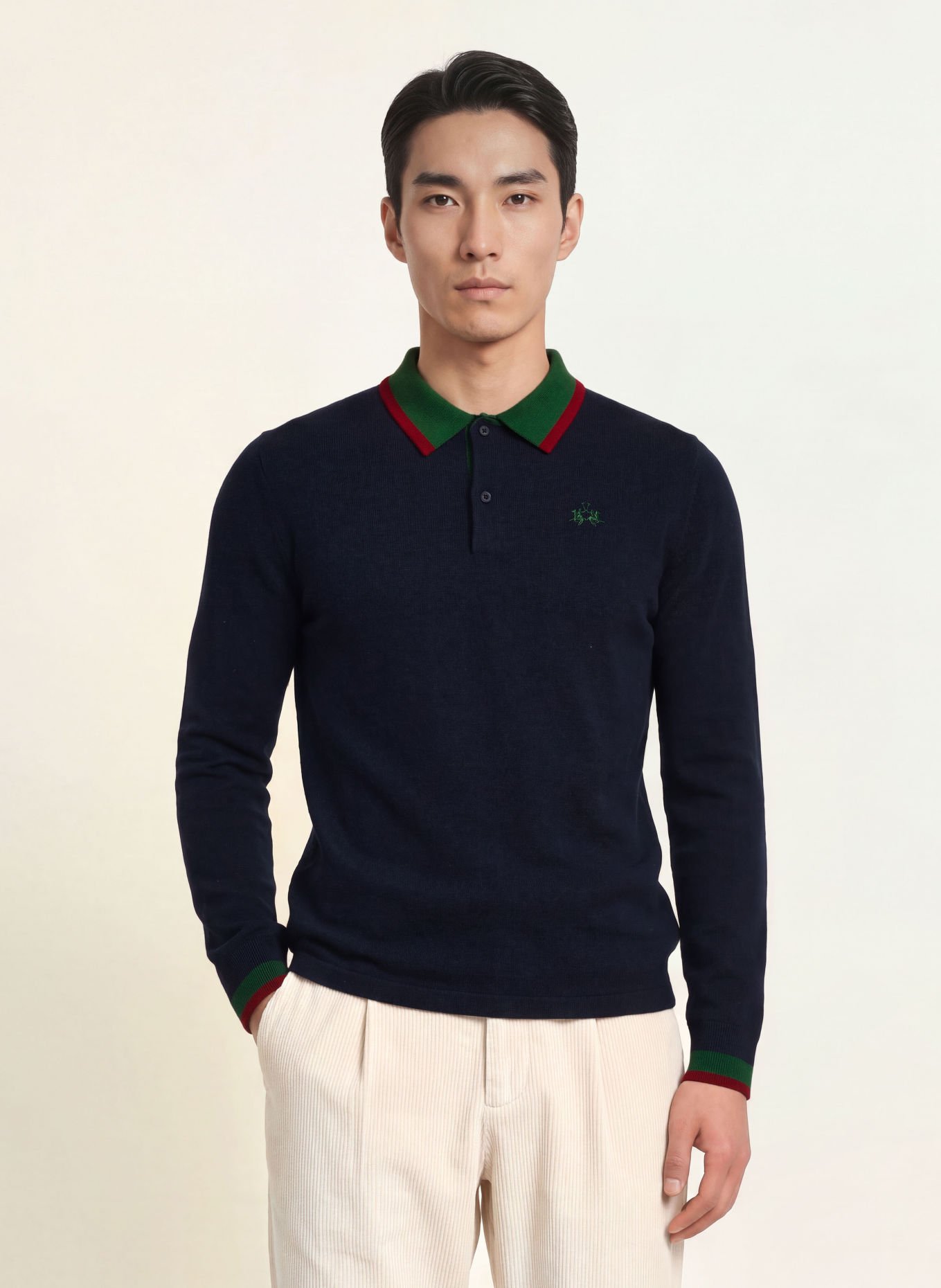LA MARTINA Strick-Poloshirt mit Merinowolle: DUNKELBLAU / DUNKELROT / GRÜN