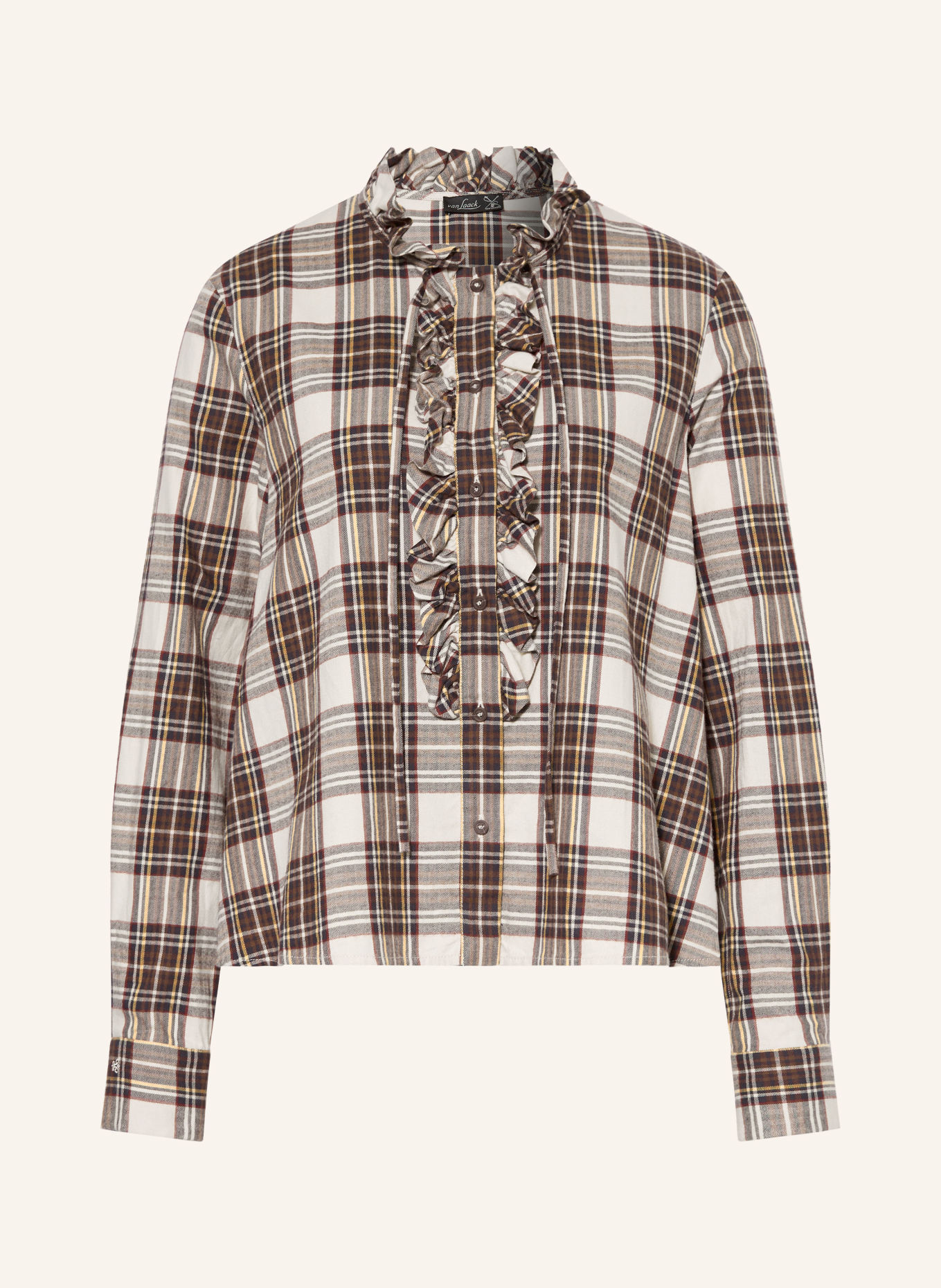 van Laack Flanellbluse VL-NHEA-W57AKS mit Rüschen: BEIGE / BRAUN / DUNKELBLAU