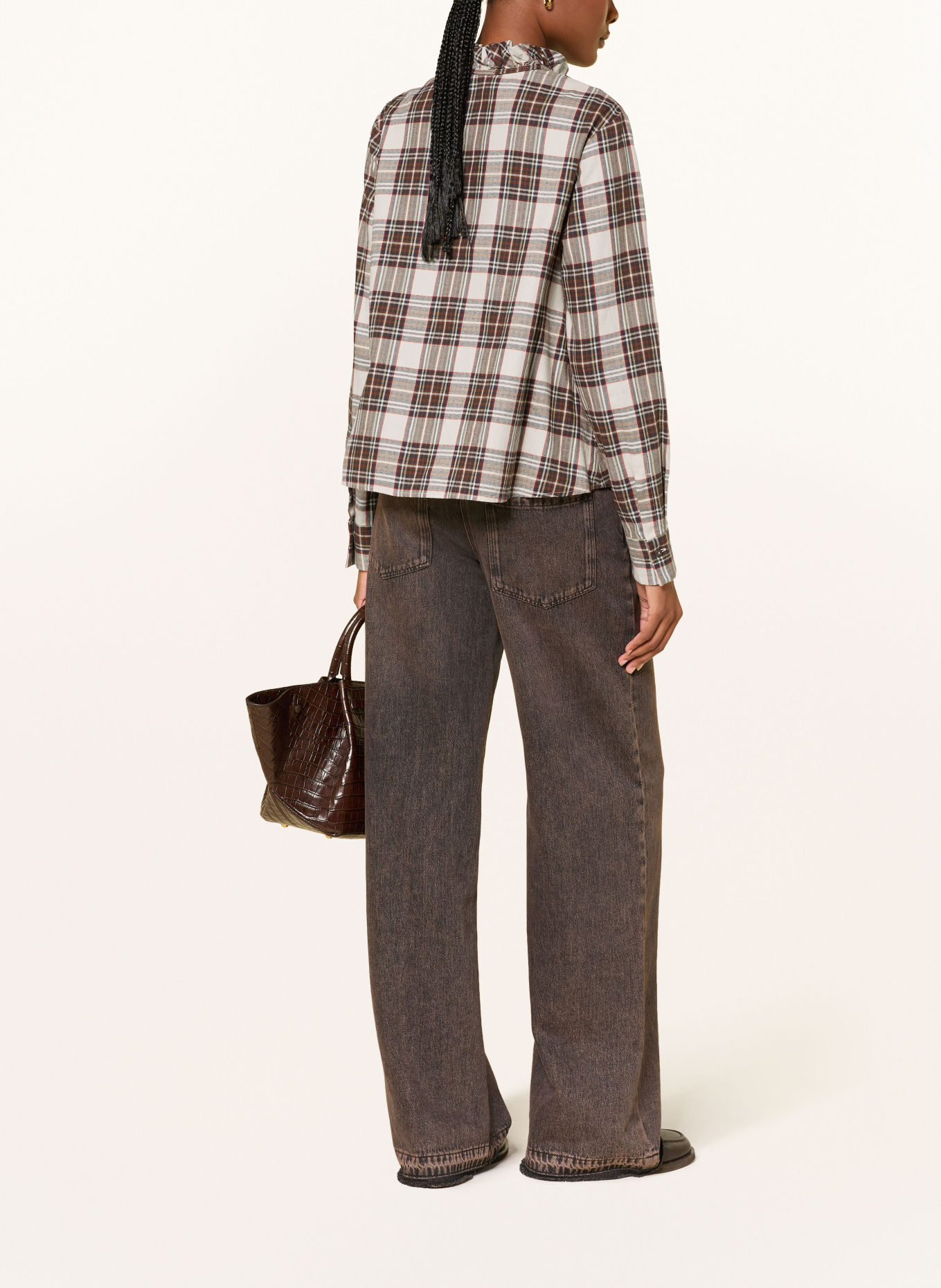 van Laack Flanellbluse VL-NHEA-W57AKS mit Rüschen: BEIGE / BRAUN / DUNKELBLAU