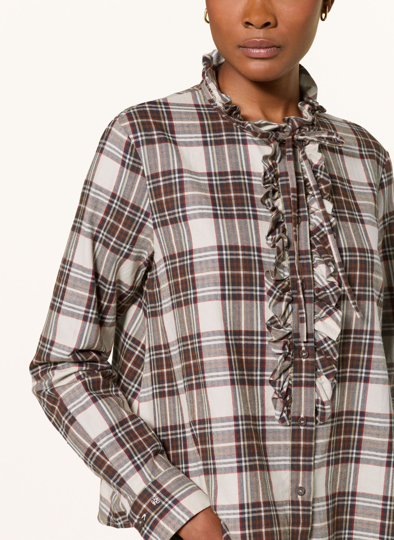 van Laack Flanellbluse VL-NHEA-W57AKS mit Rüschen: BEIGE / BRAUN / DUNKELBLAU