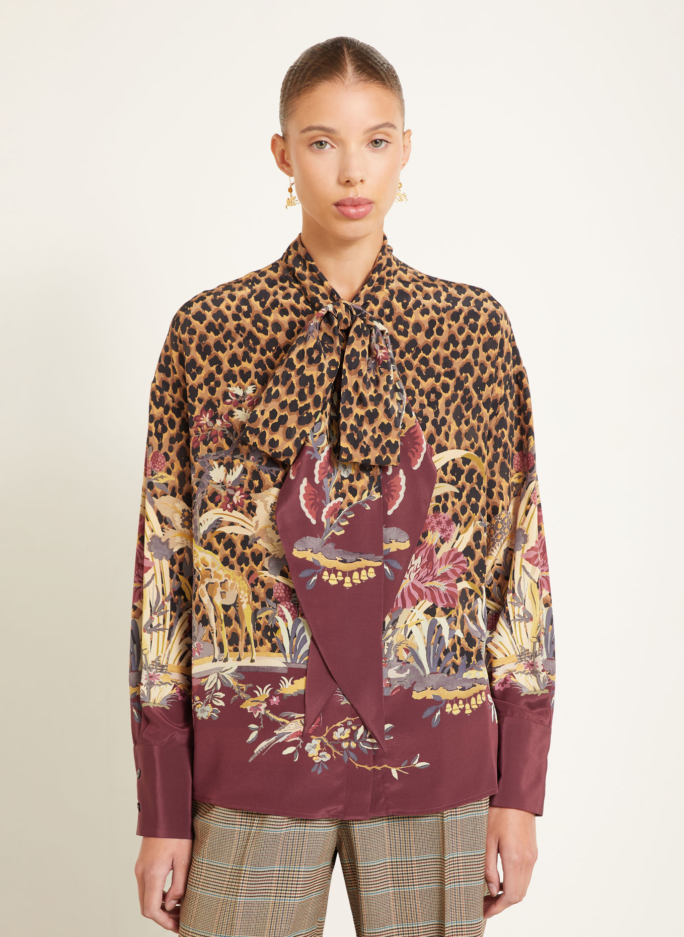 ETRO Silk tie-neck blouse: BROWN / DARK RED / BLACK
