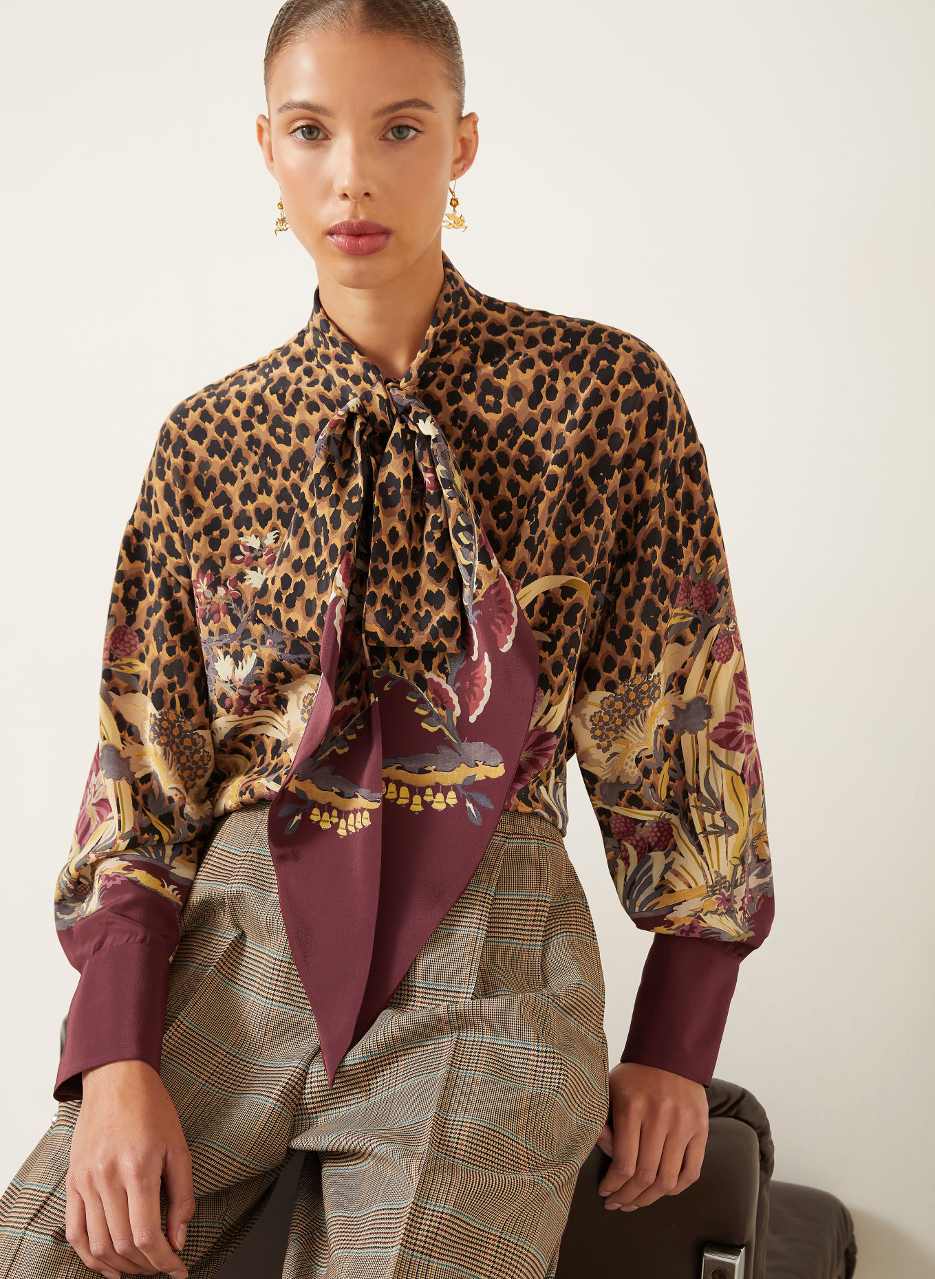 ETRO Silk tie-neck blouse: BROWN / DARK RED / BLACK