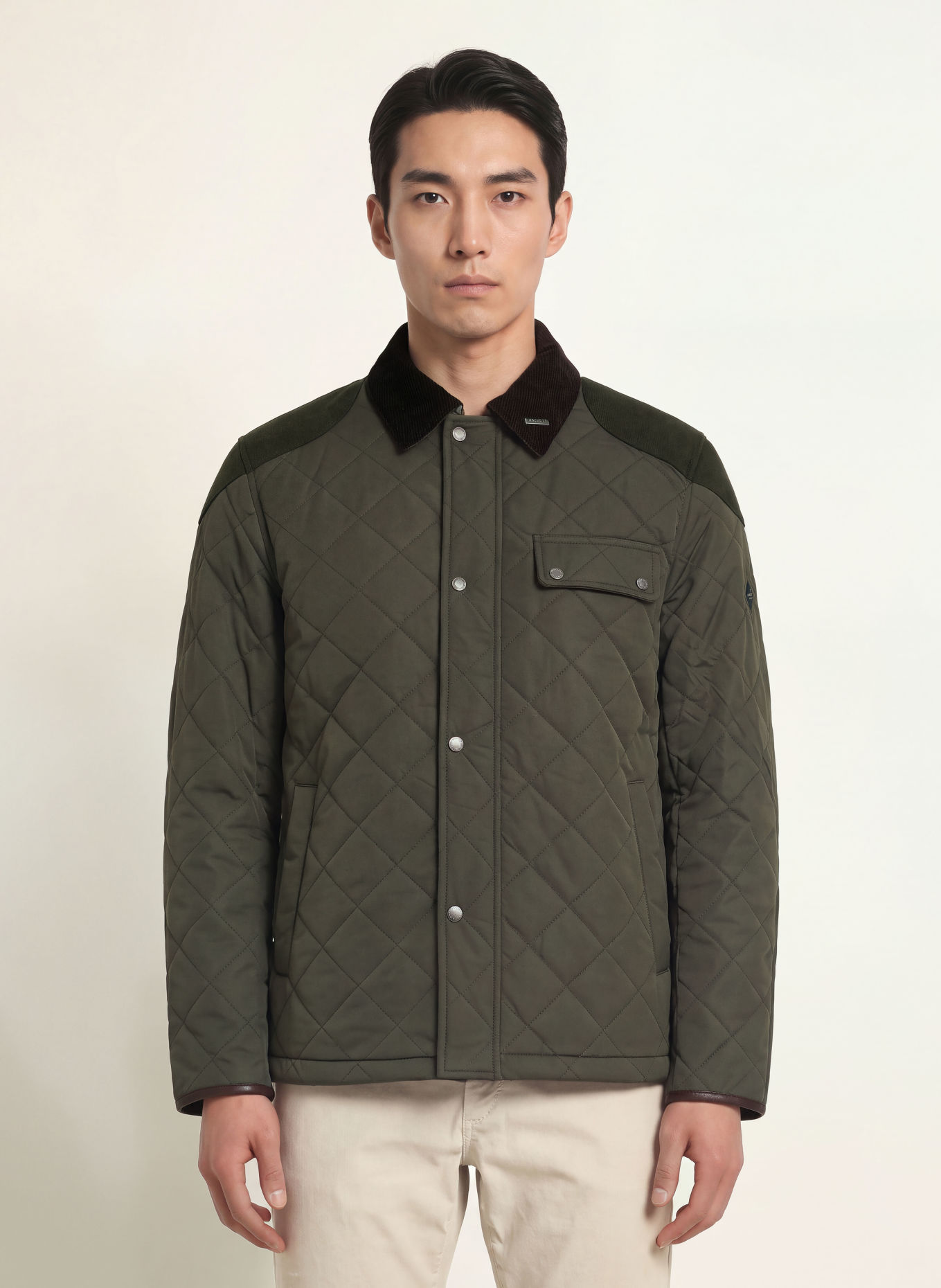 HACKETT LONDON KINLOCH Quilted Jacket: OLIVE / DARK BROWN