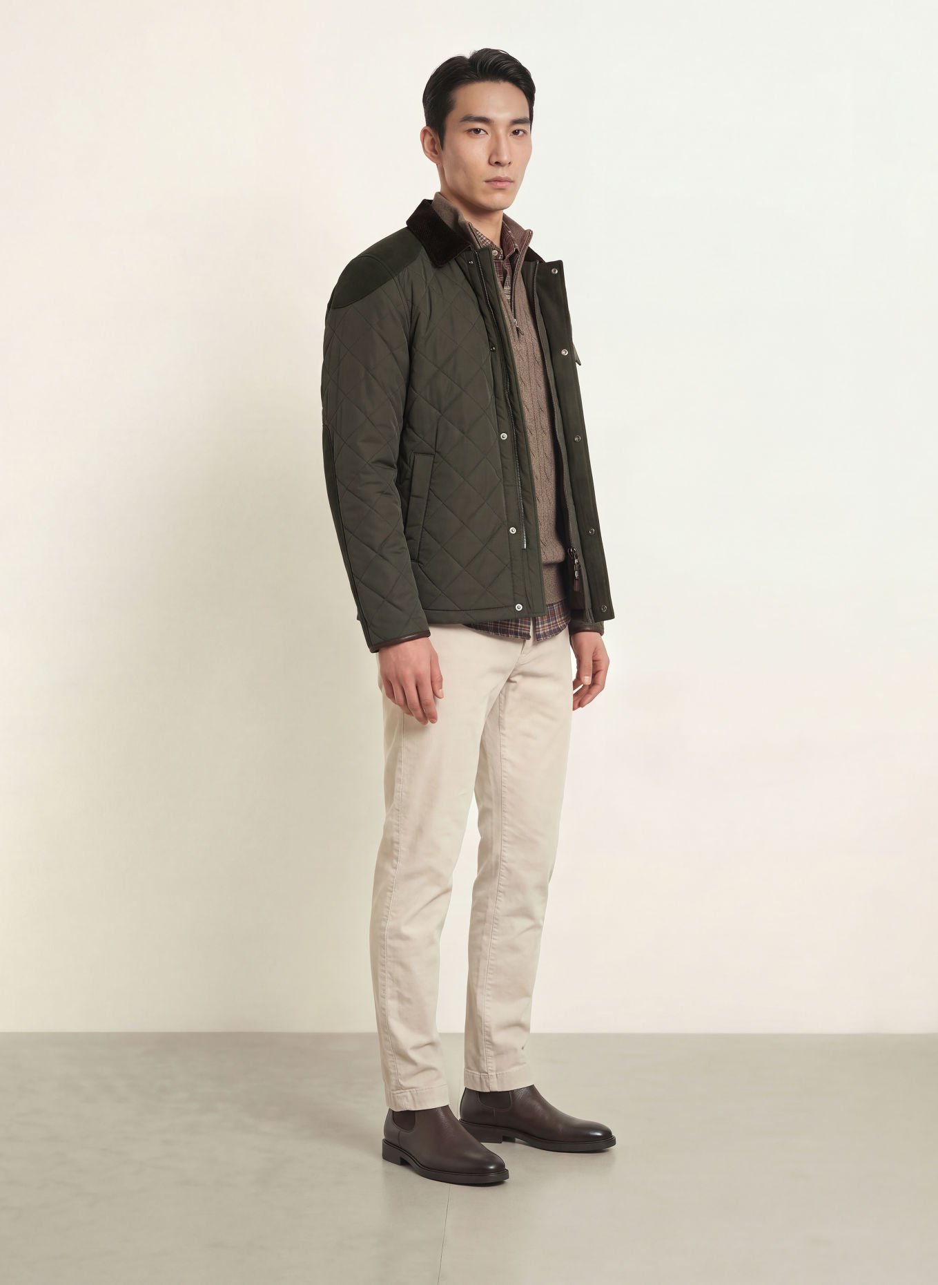 HACKETT LONDON KINLOCH Quilted Jacket: OLIVE / DARK BROWN