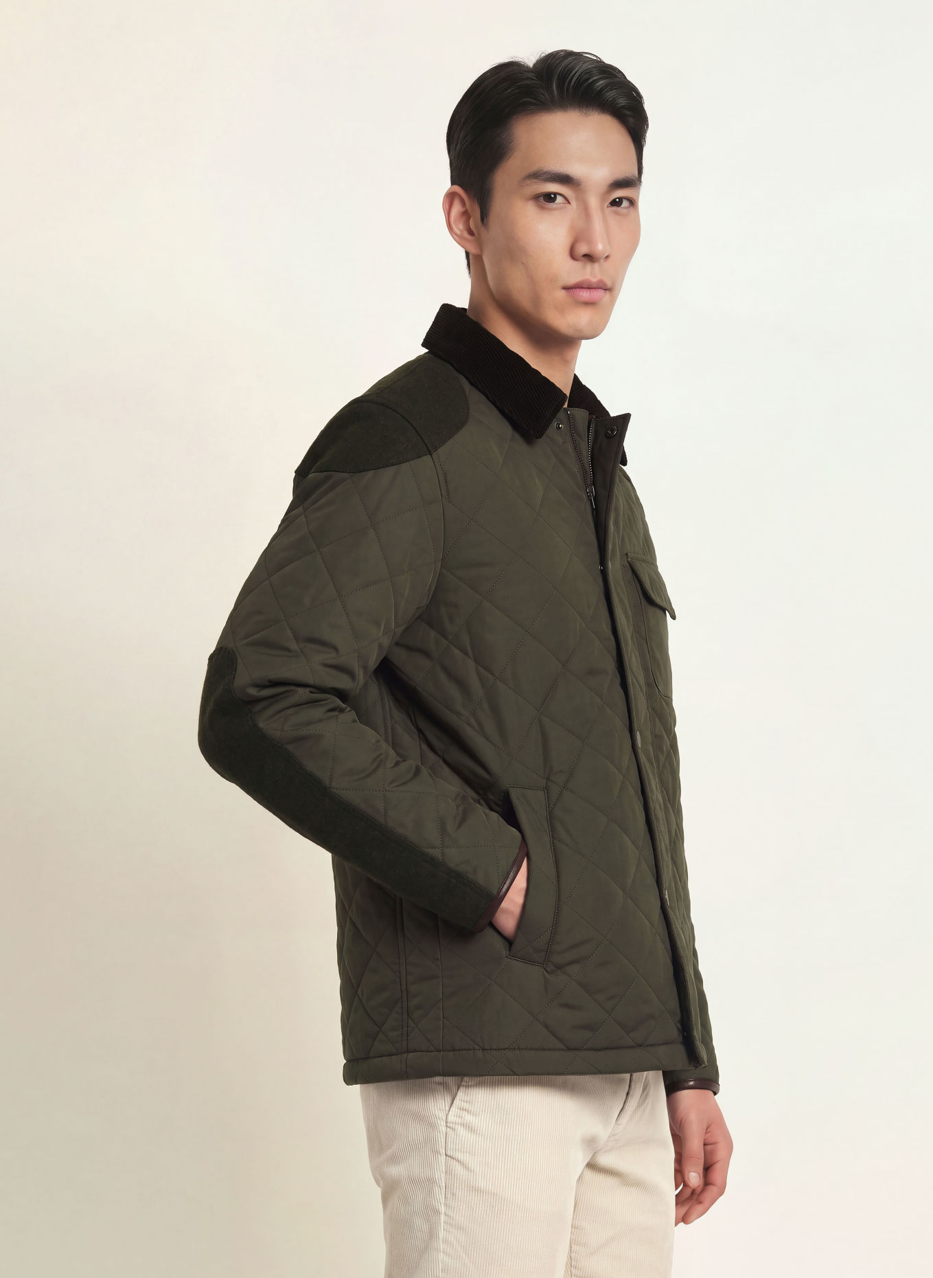 HACKETT LONDON KINLOCH Quilted Jacket: OLIVE / DARK BROWN