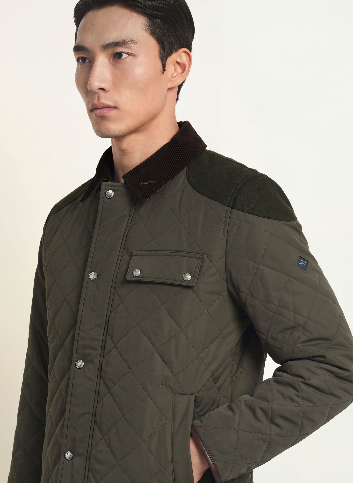 HACKETT LONDON KINLOCH Quilted Jacket: OLIVE / DARK BROWN