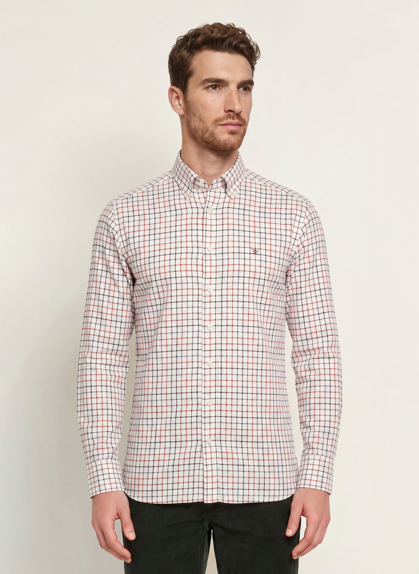 HACKETT LONDON Košile TATTERSALL Tailored Fit: KRÉMOVÁ / TMAVĚ ŠEDÁ / LOSOSOVÁ