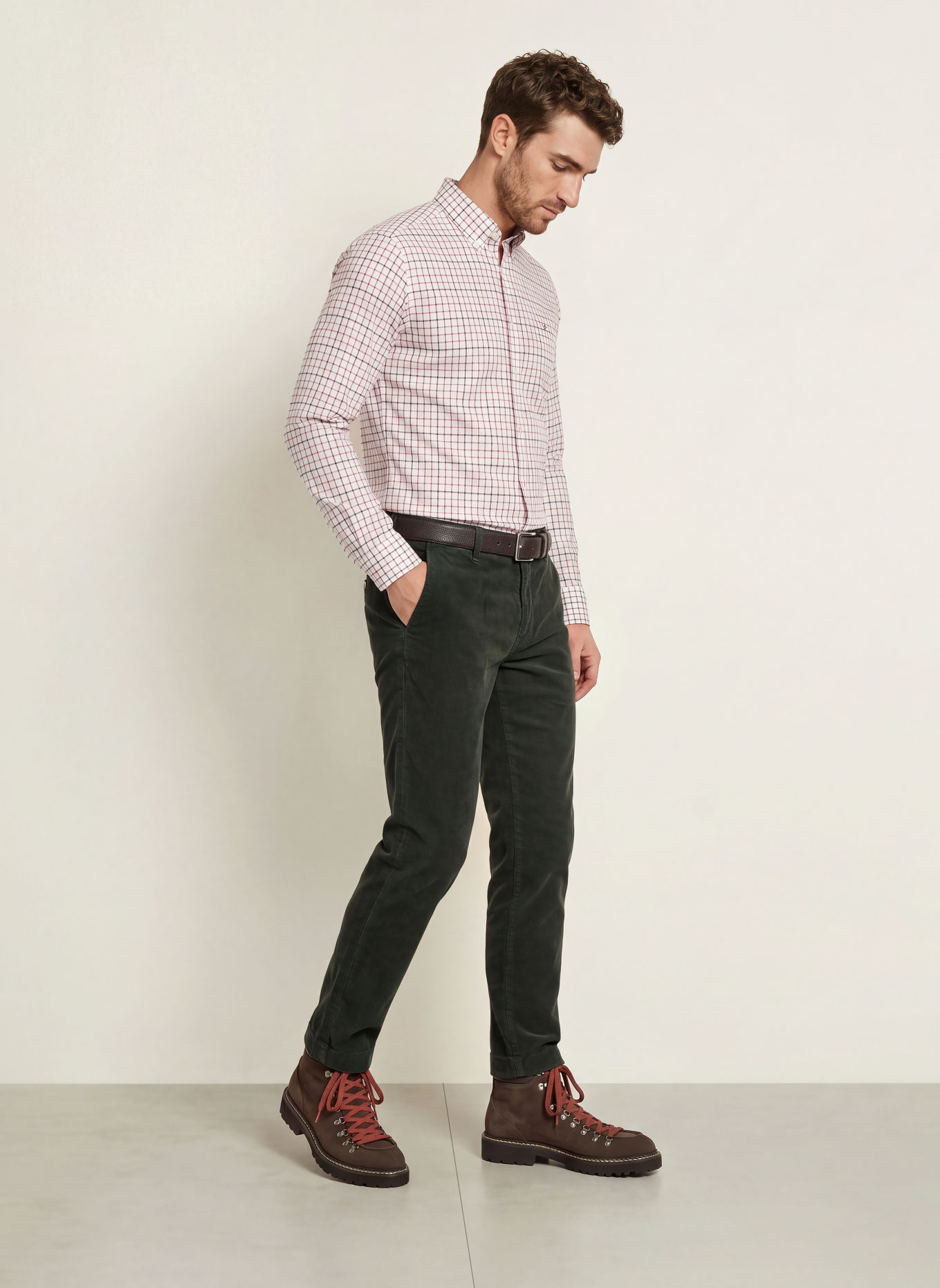 HACKETT LONDON Košile TATTERSALL Tailored Fit: KRÉMOVÁ / TMAVĚ ŠEDÁ / LOSOSOVÁ