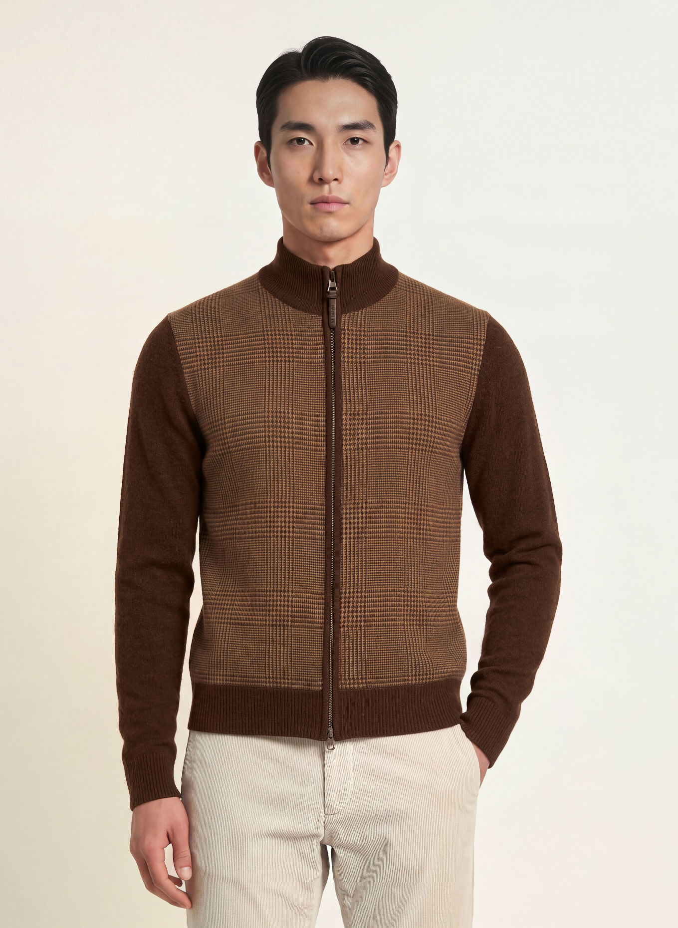 HACKETT LONDON Strickjacke im Materialmix: DUNKELBRAUN / HELLBRAUN / GRÜN