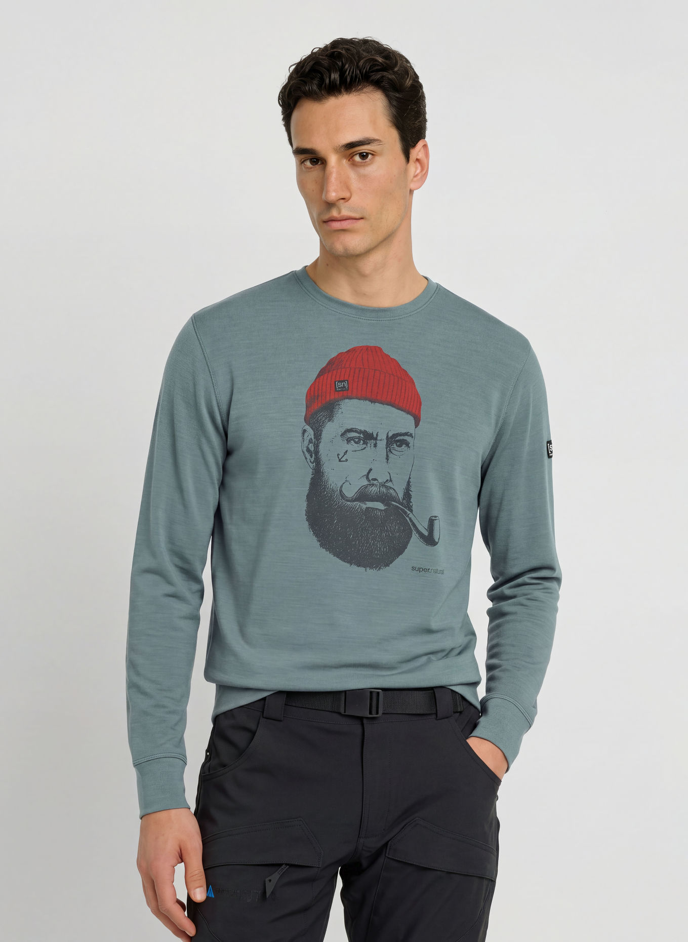 super.natural SAILOR Sweatshirt with Merino Wool: BLUE GRAY / RED / BLACK