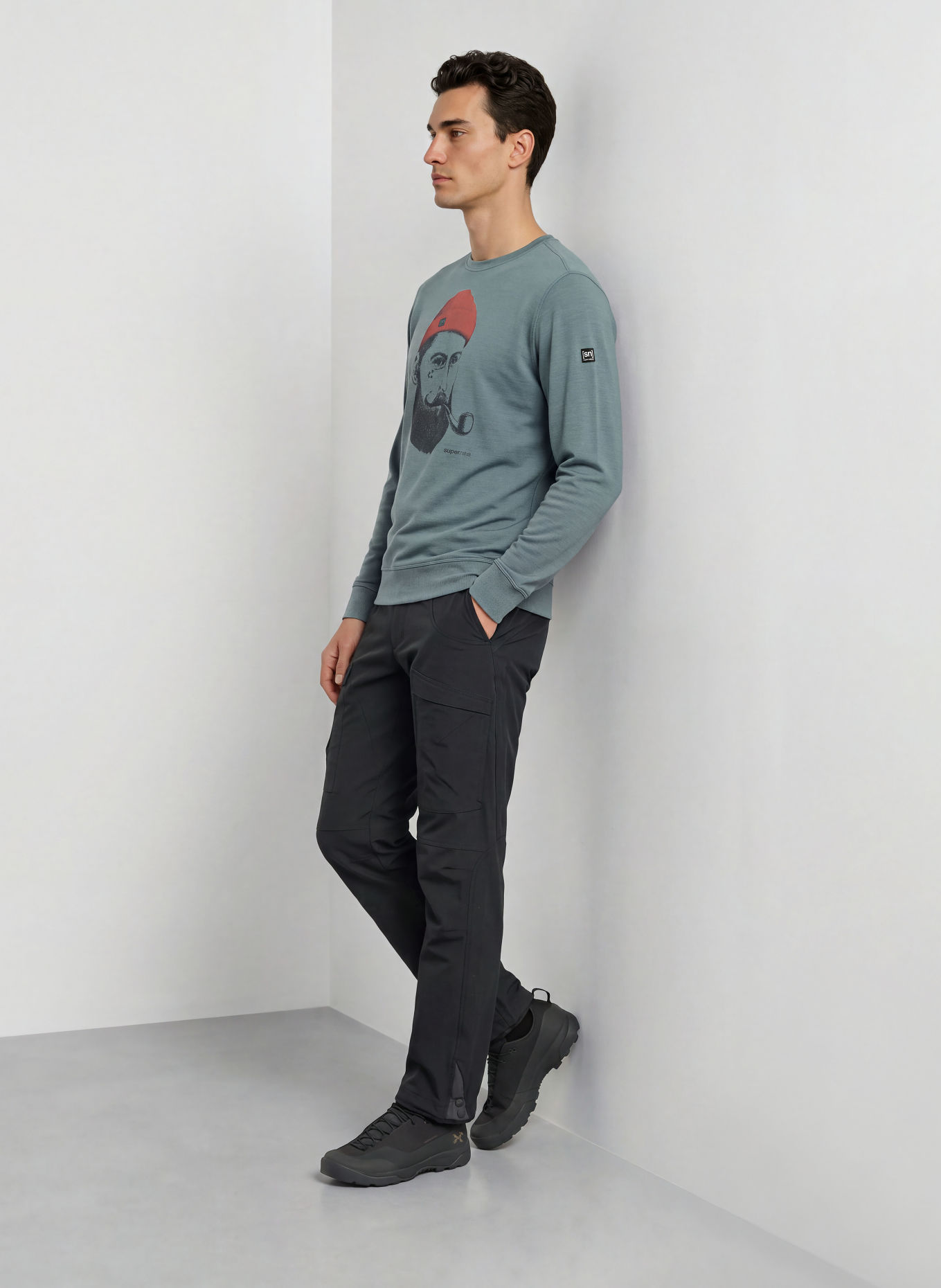 super.natural SAILOR Sweatshirt with Merino Wool: BLUE GRAY / RED / BLACK
