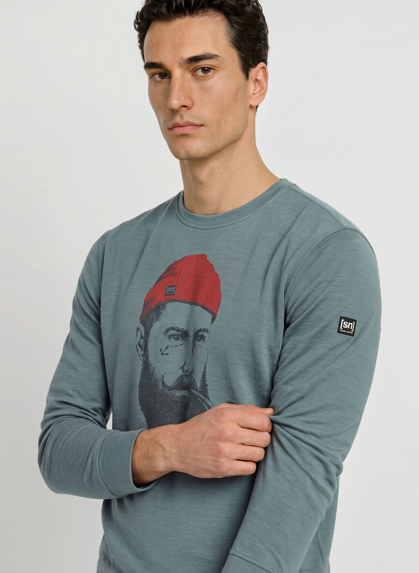 super.natural SAILOR Sweatshirt with Merino Wool: BLUE GRAY / RED / BLACK