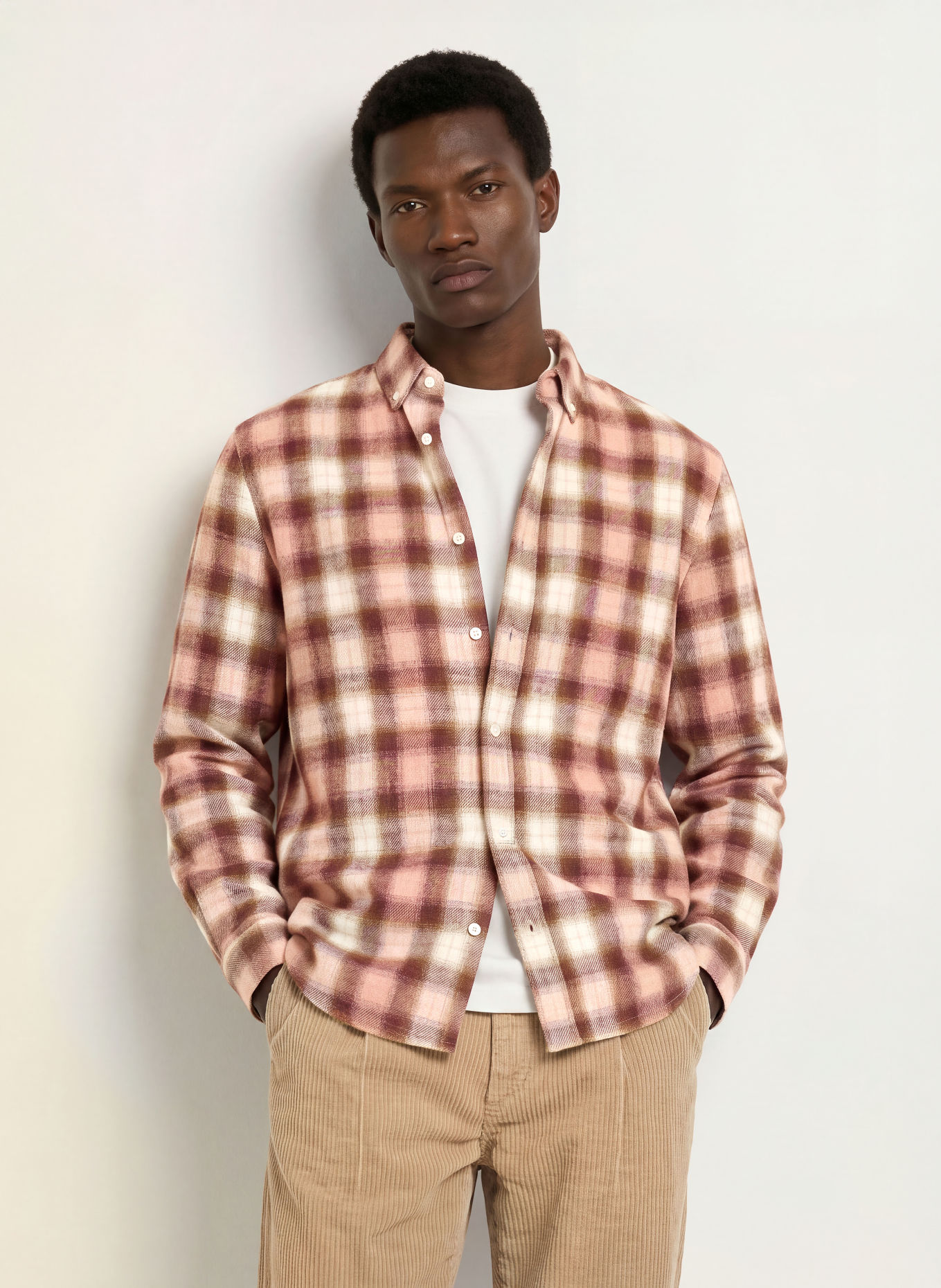 NOWADAYS Comfort Fit Flannel Shirt: DUSKY PINK / BROWN / ROSE