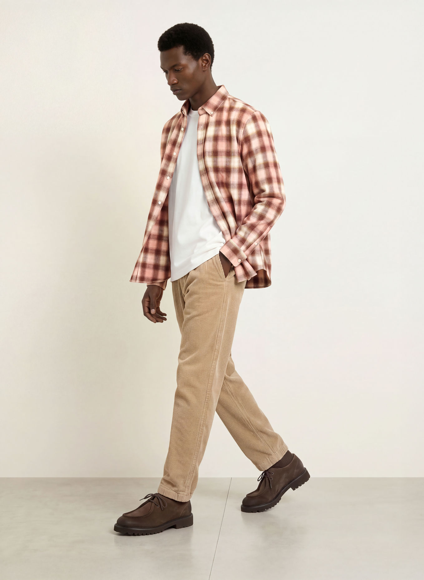 NOWADAYS Comfort Fit Flannel Shirt: DUSKY PINK / BROWN / ROSE