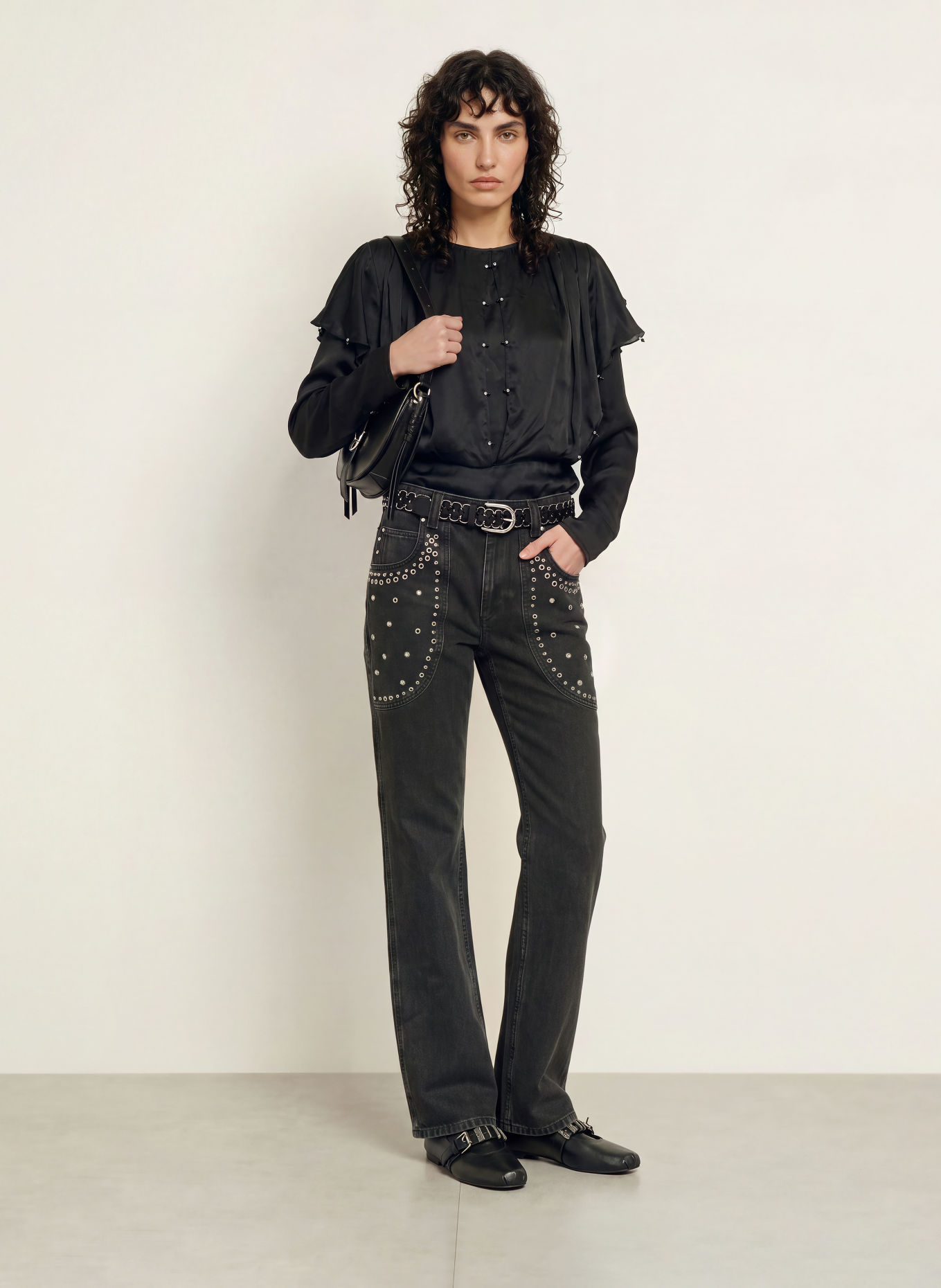 MARANT ÉTOILE BREMA-blouseshirt van satijn met sierstenen: ZWART