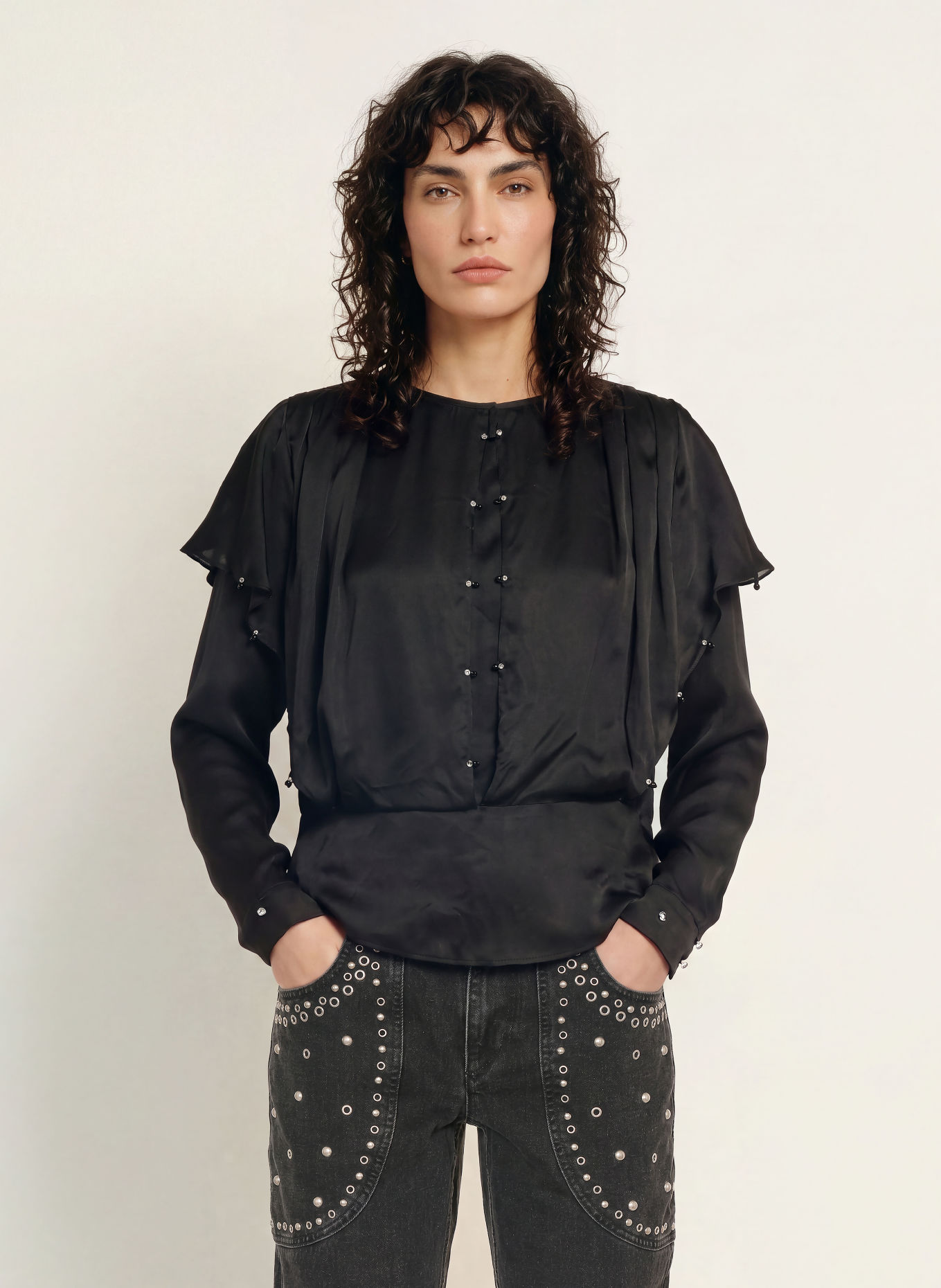 MARANT ÉTOILE BREMA-blouseshirt van satijn met sierstenen: ZWART