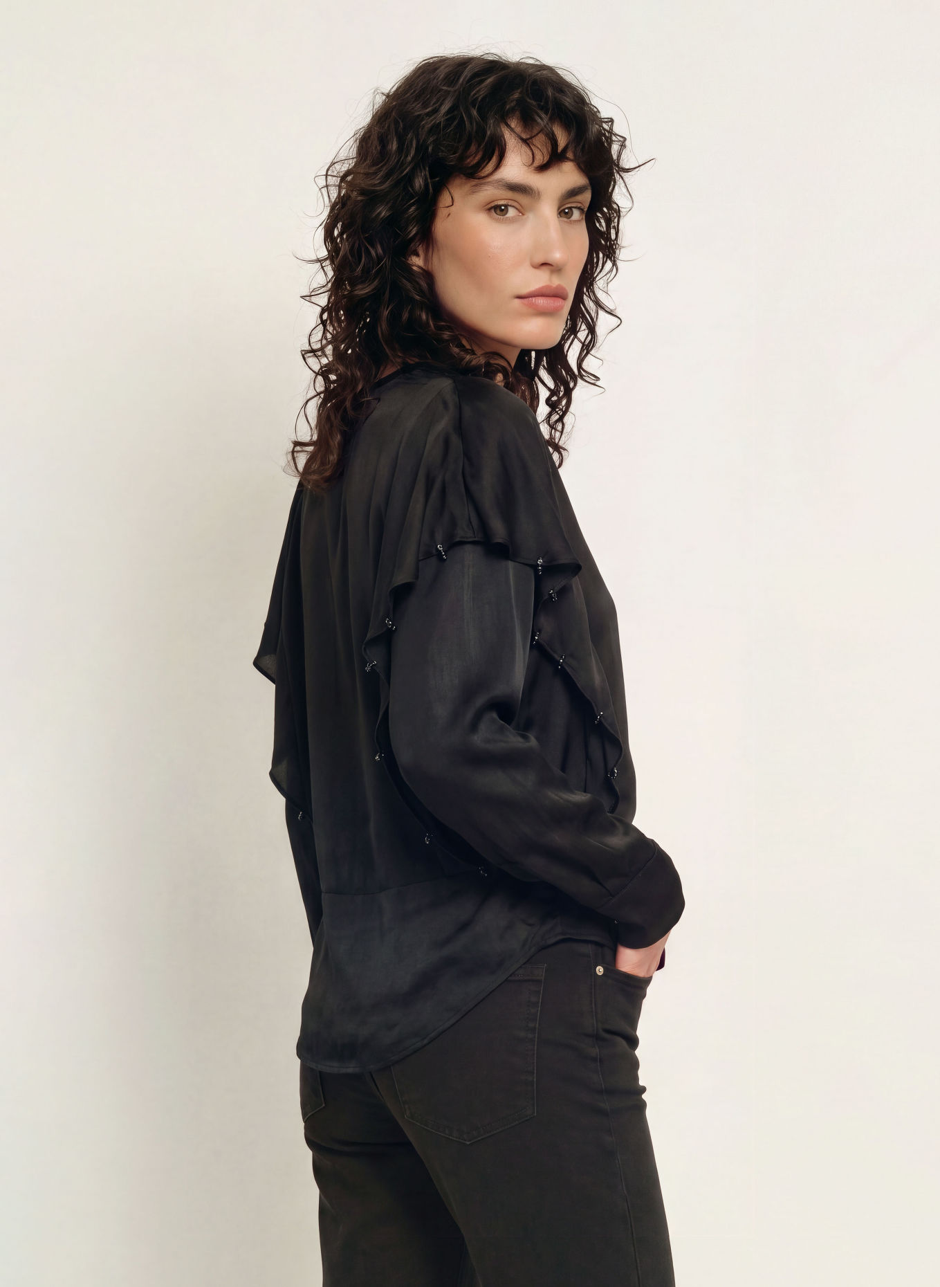MARANT ÉTOILE BREMA-blouseshirt van satijn met sierstenen: ZWART