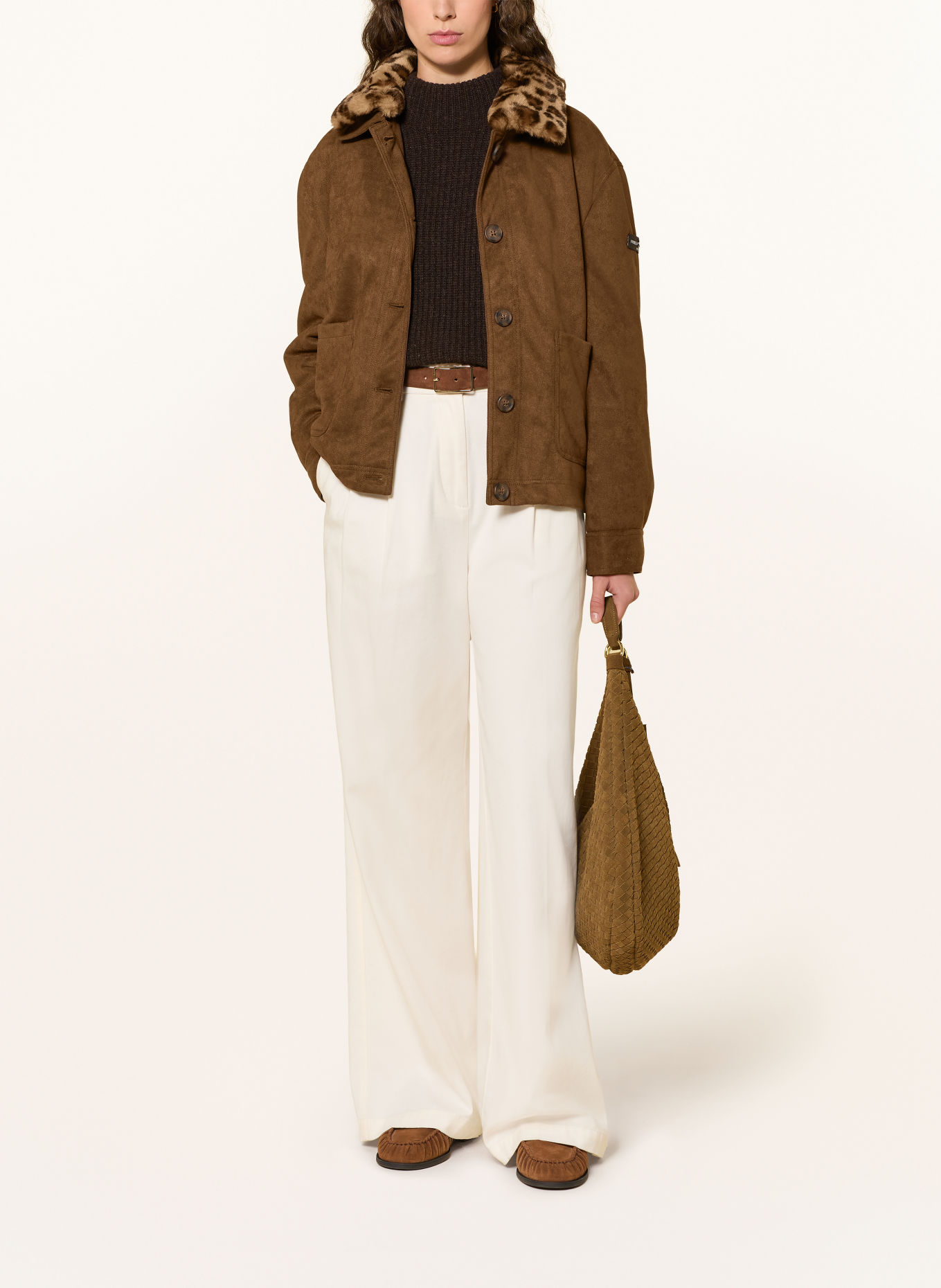 FRIEDA & FREDDIES Jerseyjas ALUNA in leerlook met afneembare Kraag van imitatiebont: MARRON FONCÉ