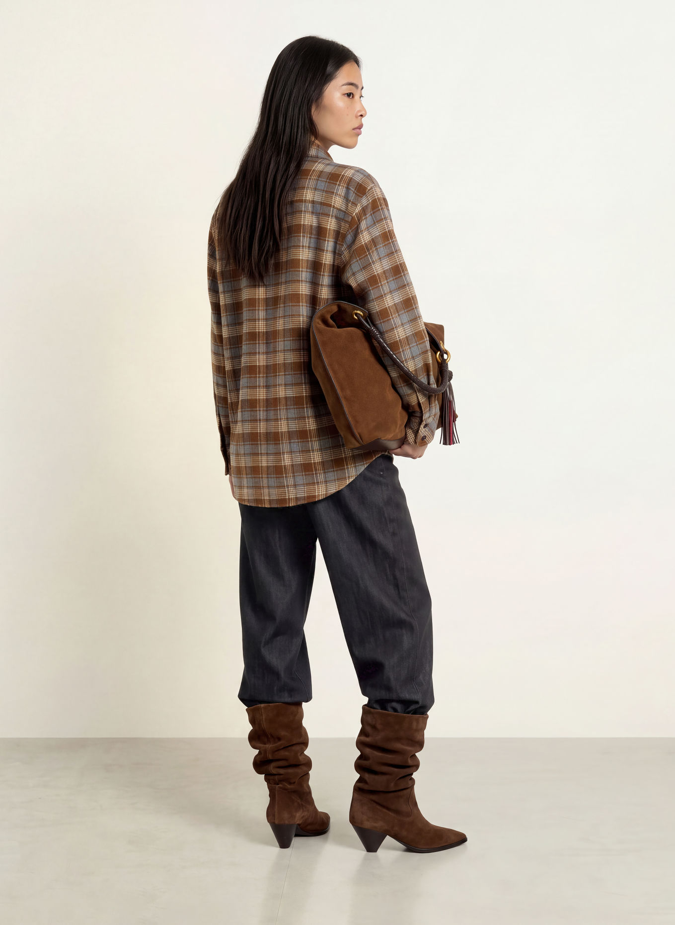 ELEH Bluză-cămașă oversized din flanel: MARO ÎNCHIS / BEJ / ALBASTRU