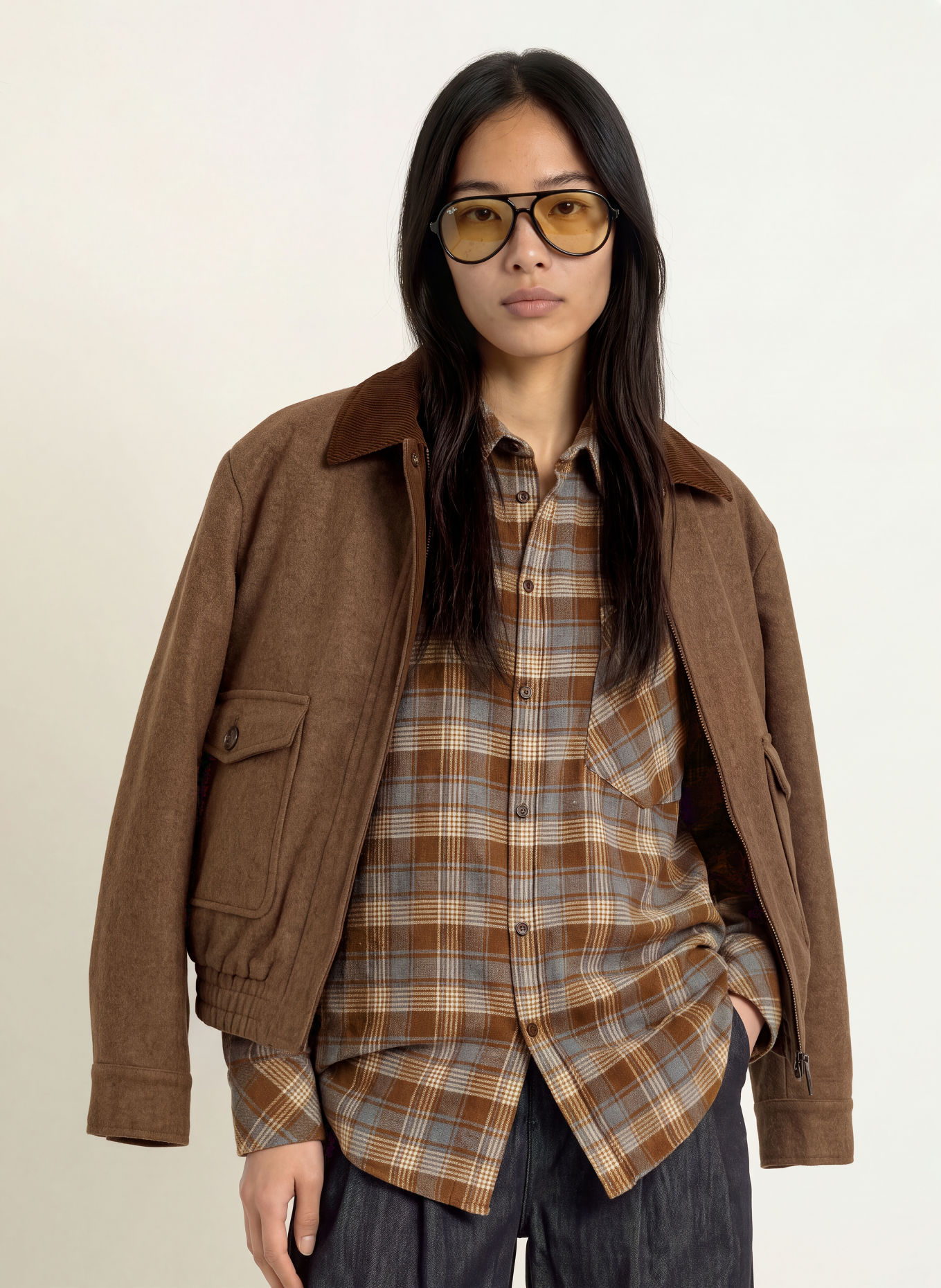 ELEH Bluză-cămașă oversized din flanel: MARO ÎNCHIS / BEJ / ALBASTRU