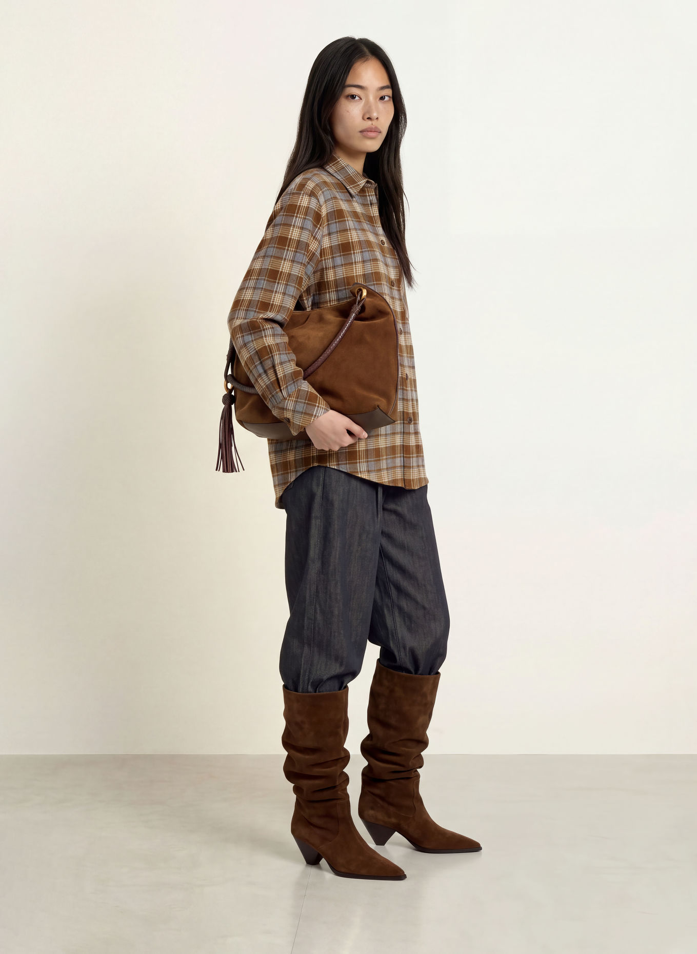 ELEH Bluză-cămașă oversized din flanel: MARO ÎNCHIS / BEJ / ALBASTRU