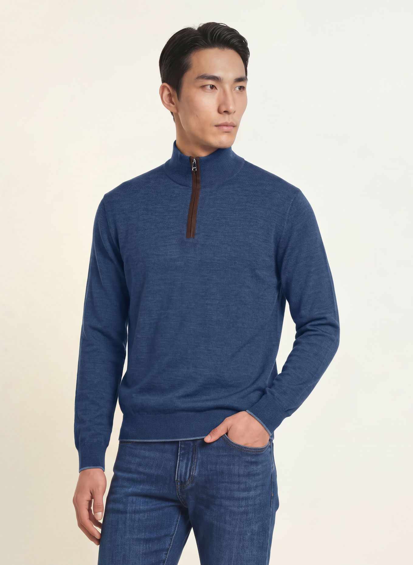 PAUL & SHARK Half-zip sweater: BLUE / DARK BROWN