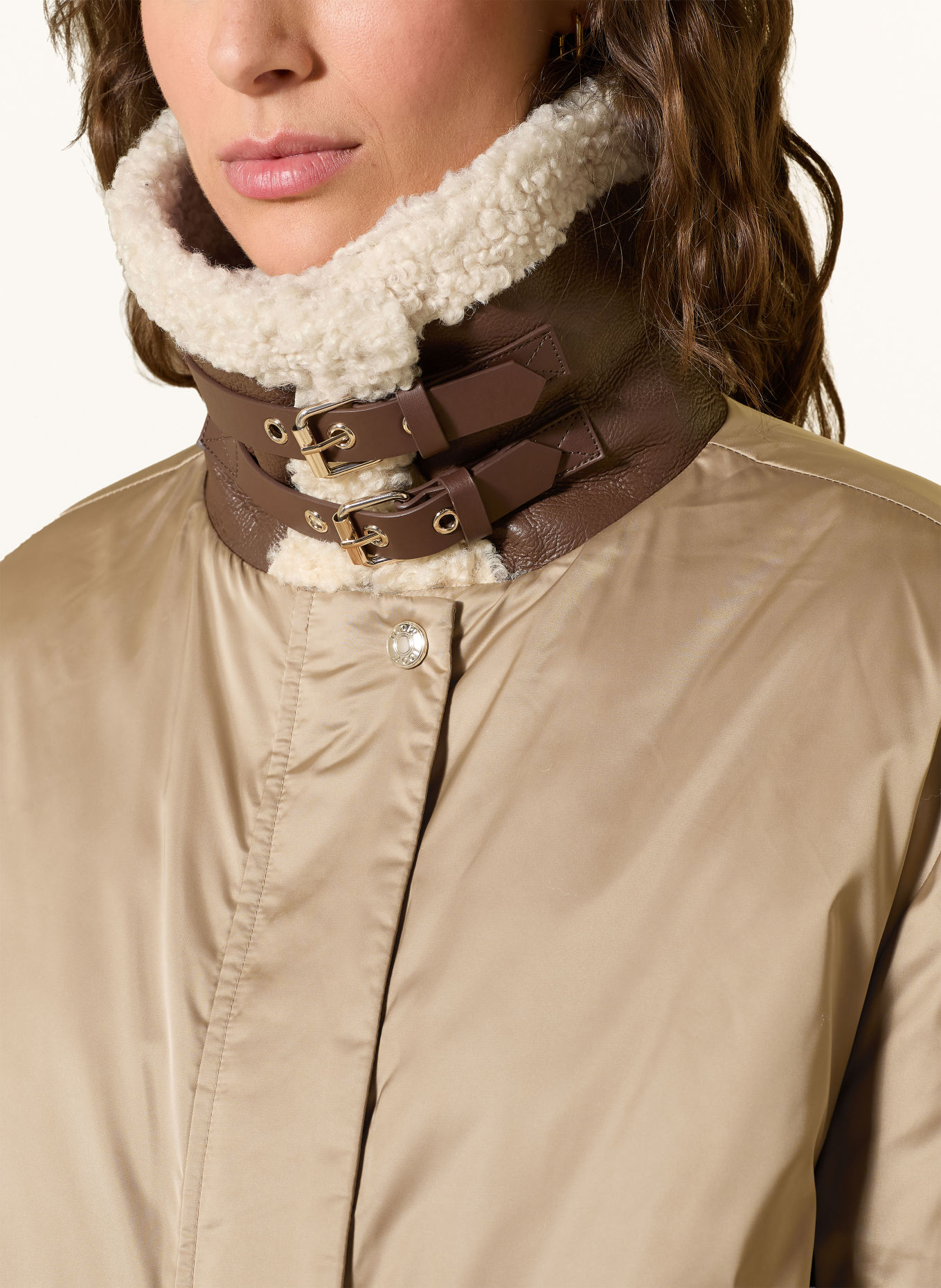 JOOP! ORIETTA Jacket with Teddy Fur Collar: CAMEL / ECRU