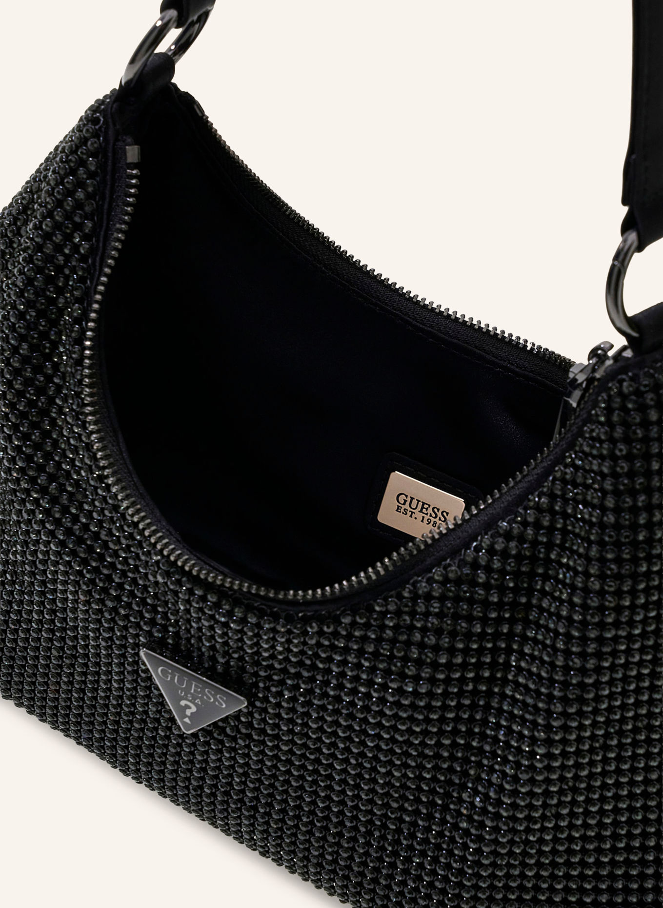 GUESS Sac à main orné de pierres décoratives: NOIR / ARGENT