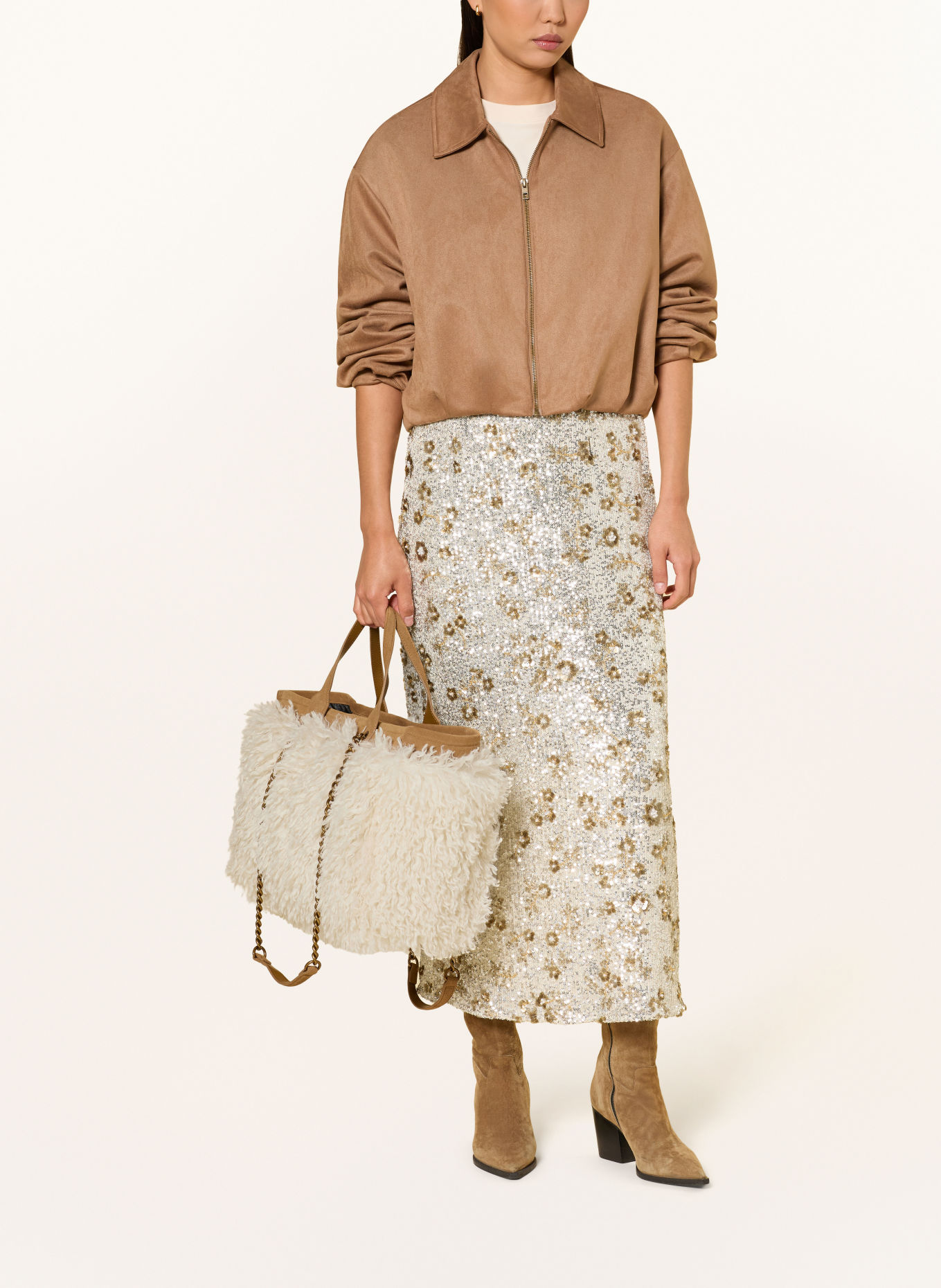 KURT GEIGER HOXTON Shoppers with Faux Fur: ECRU / LIGHT BROWN