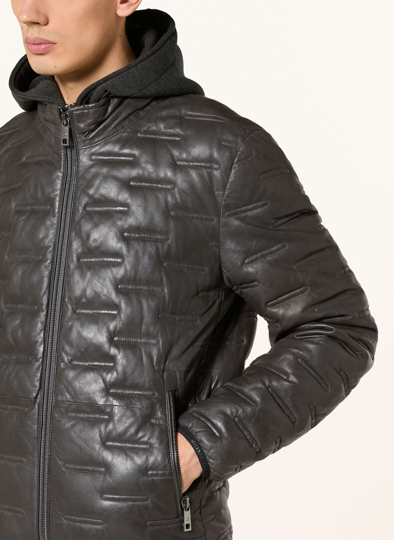MILESTONE MSALONSO leather jacket with detachable trim and removable hood: DARK GRAY