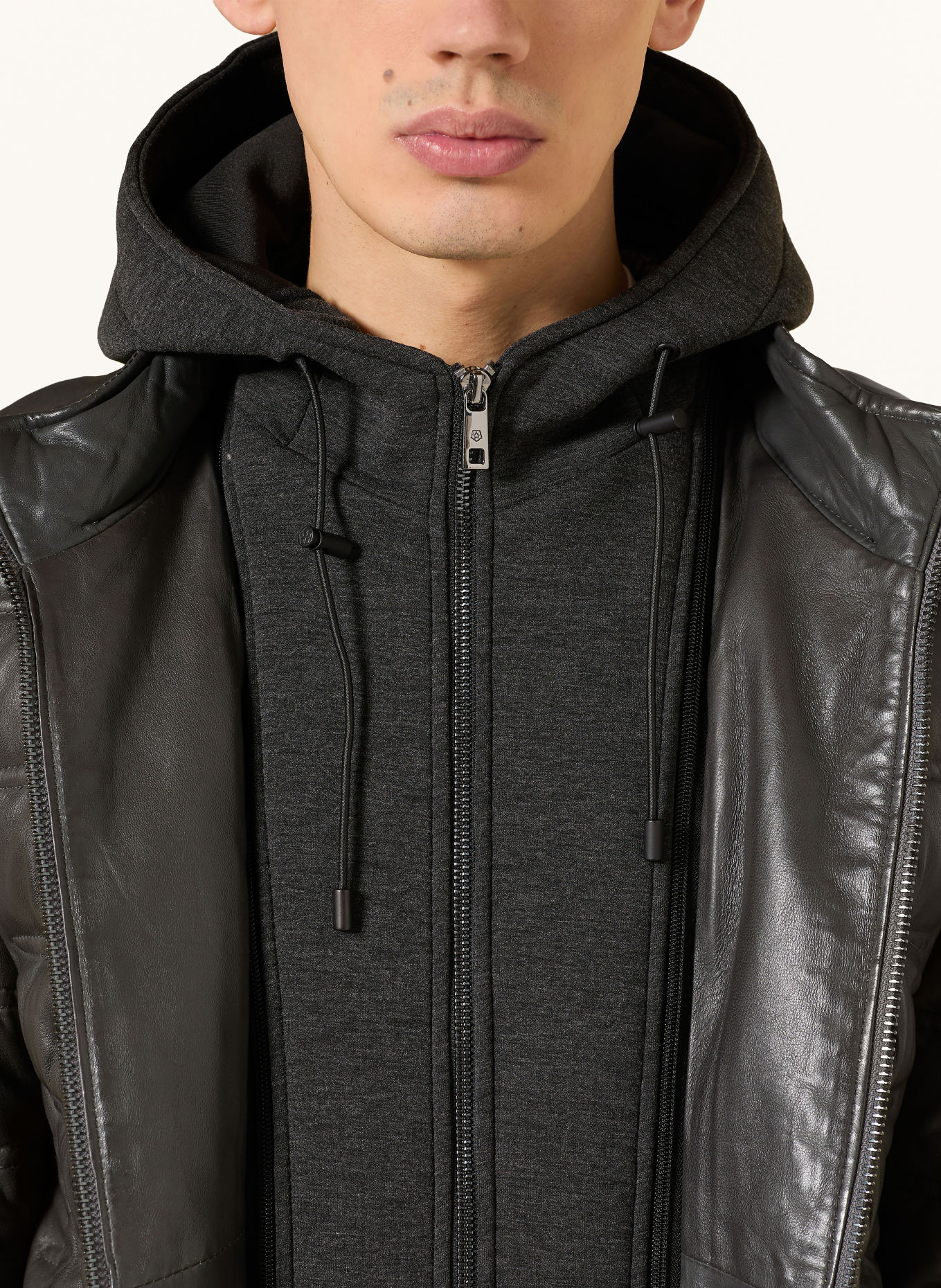 MILESTONE MSALONSO leather jacket with detachable trim and removable hood: DARK GRAY