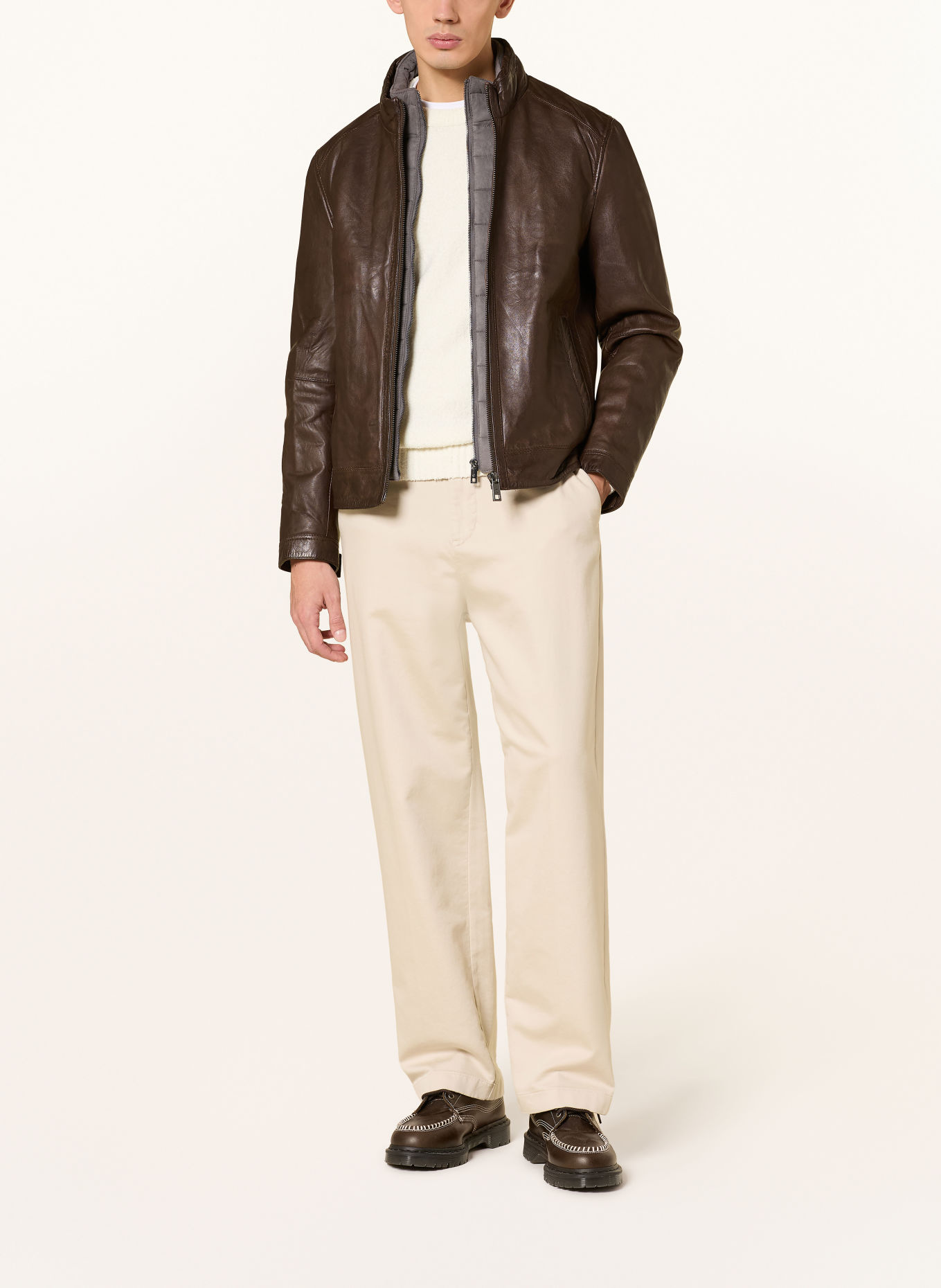 MILESTONE Veste en cuir MSBARNEY avec empiècement amovible: MARRON FONCÉ / GRIS