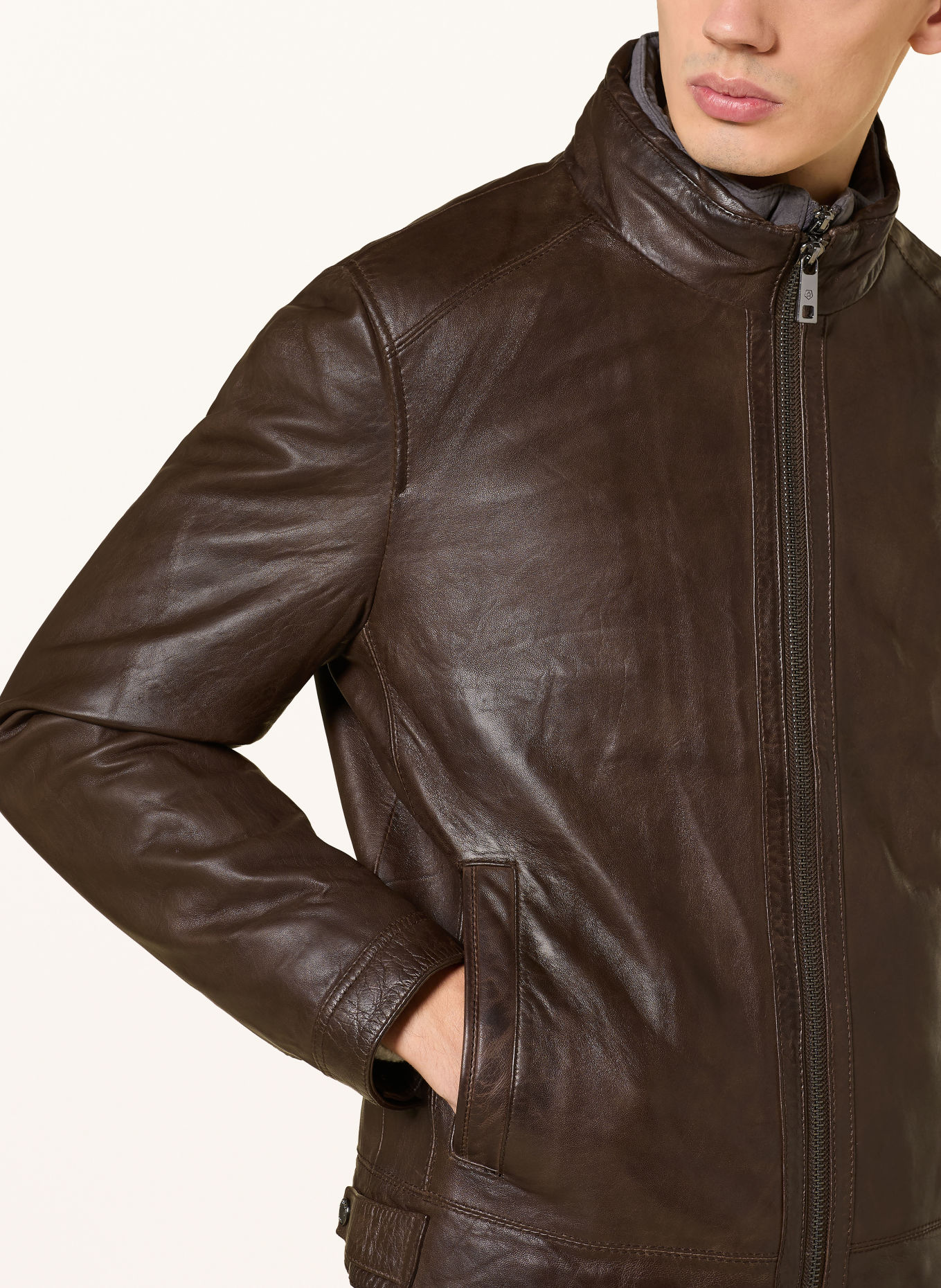 MILESTONE Veste en cuir MSBARNEY avec empiècement amovible: MARRON FONCÉ / GRIS
