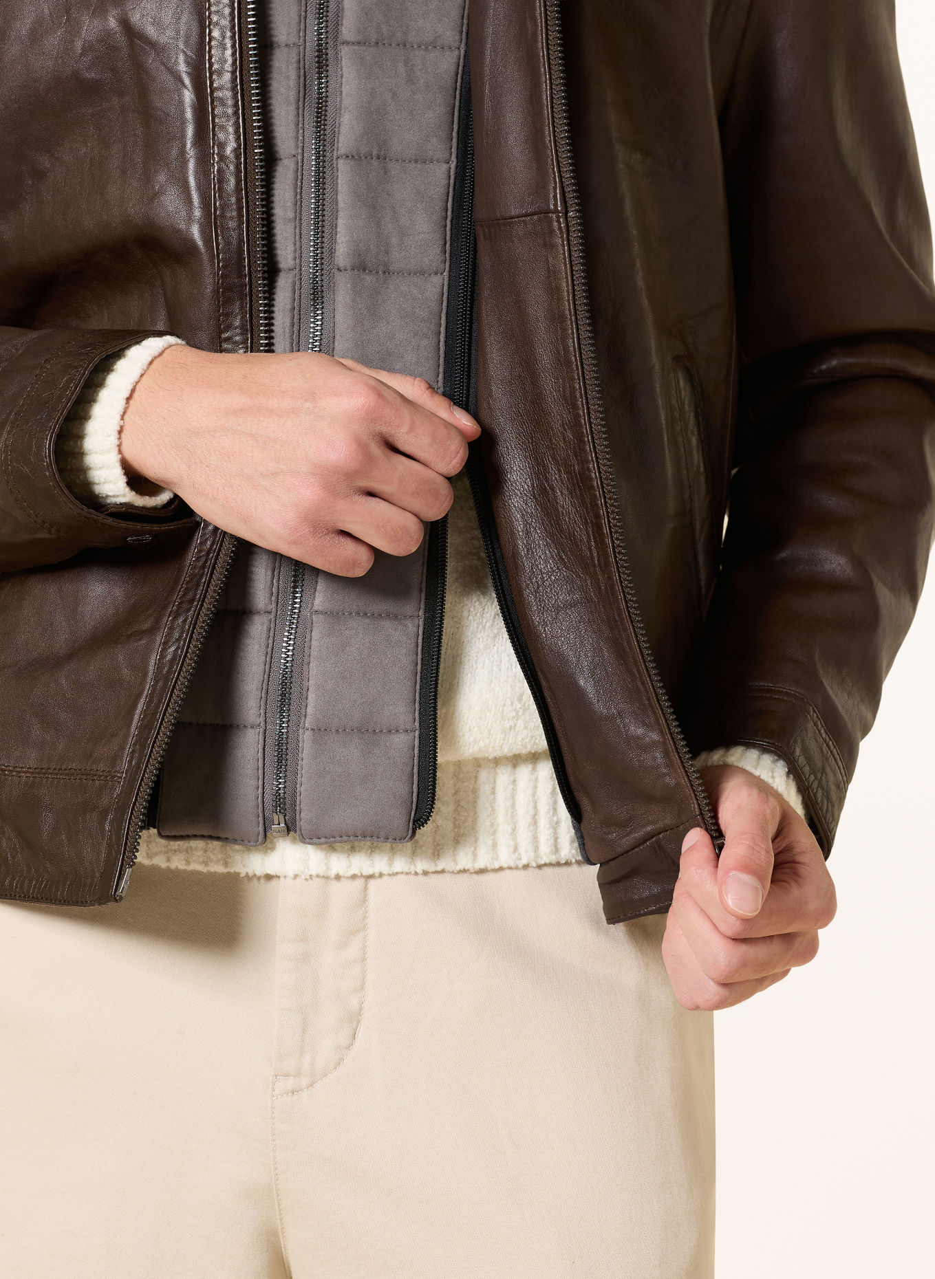 MILESTONE Veste en cuir MSBARNEY avec empiècement amovible: MARRON FONCÉ / GRIS