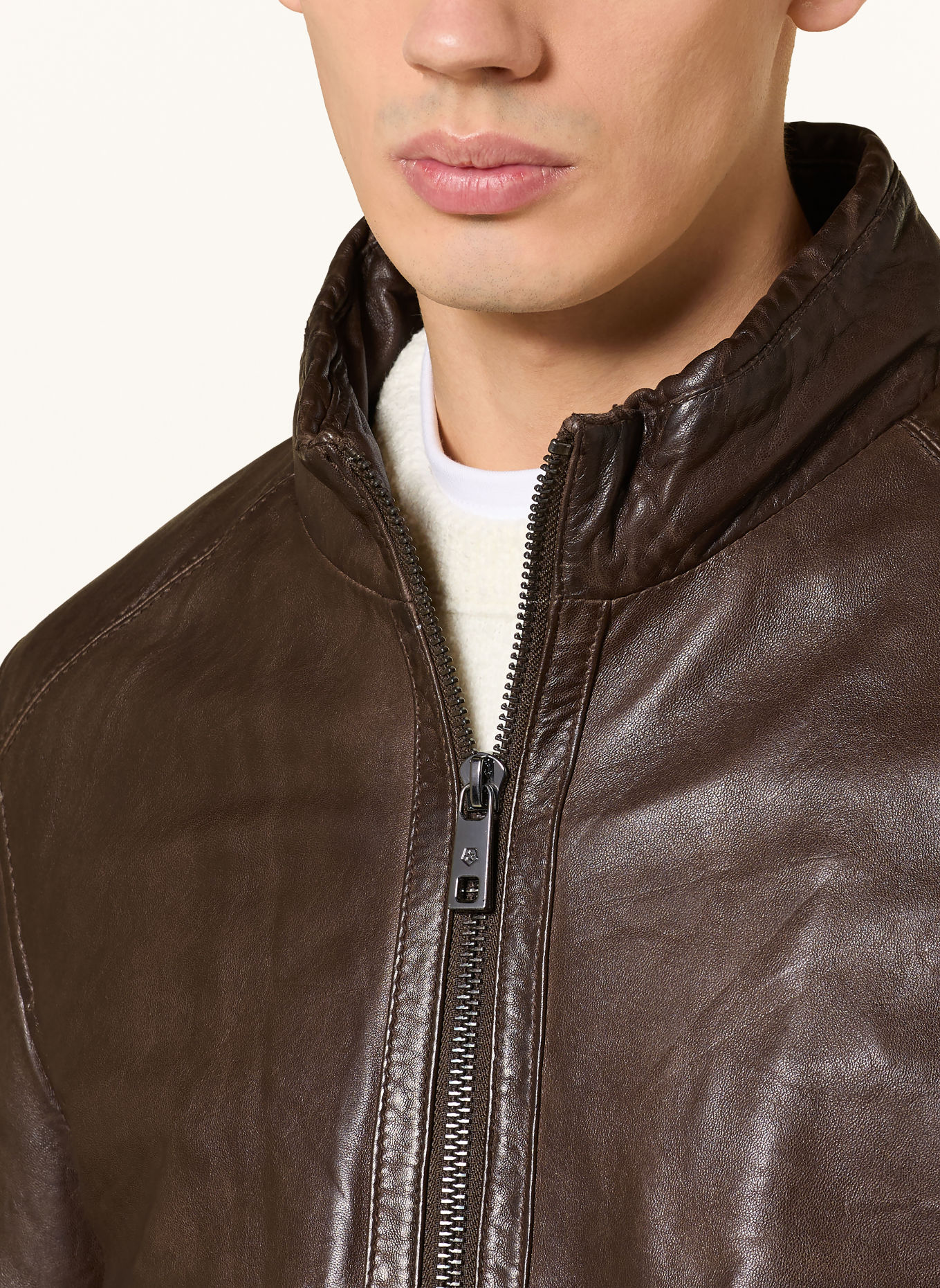 MILESTONE Veste en cuir MSBARNEY avec empiècement amovible: MARRON FONCÉ / GRIS