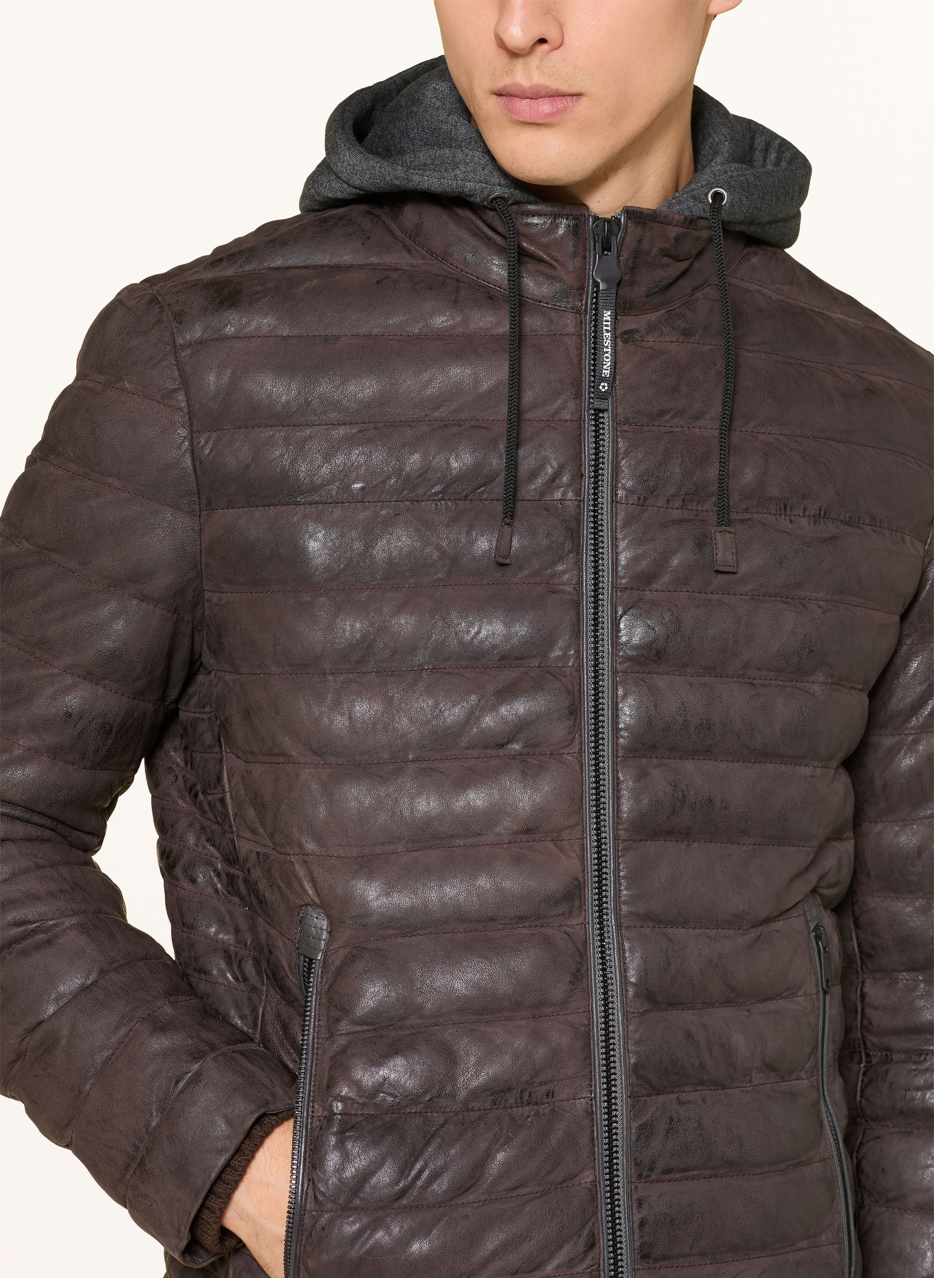 MILESTONE MSVIANO Leather Jacket with Detachable Hood: DARK BROWN / DARK GRAY