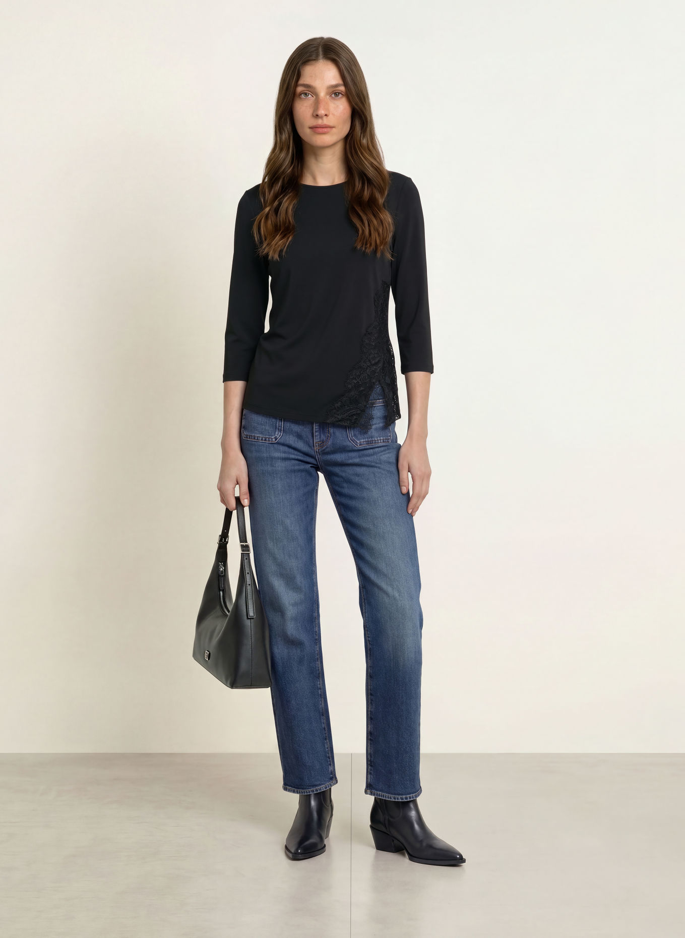 Calvin Klein Shirt mit 3/4-Arm und Spitze: SCHWARZ