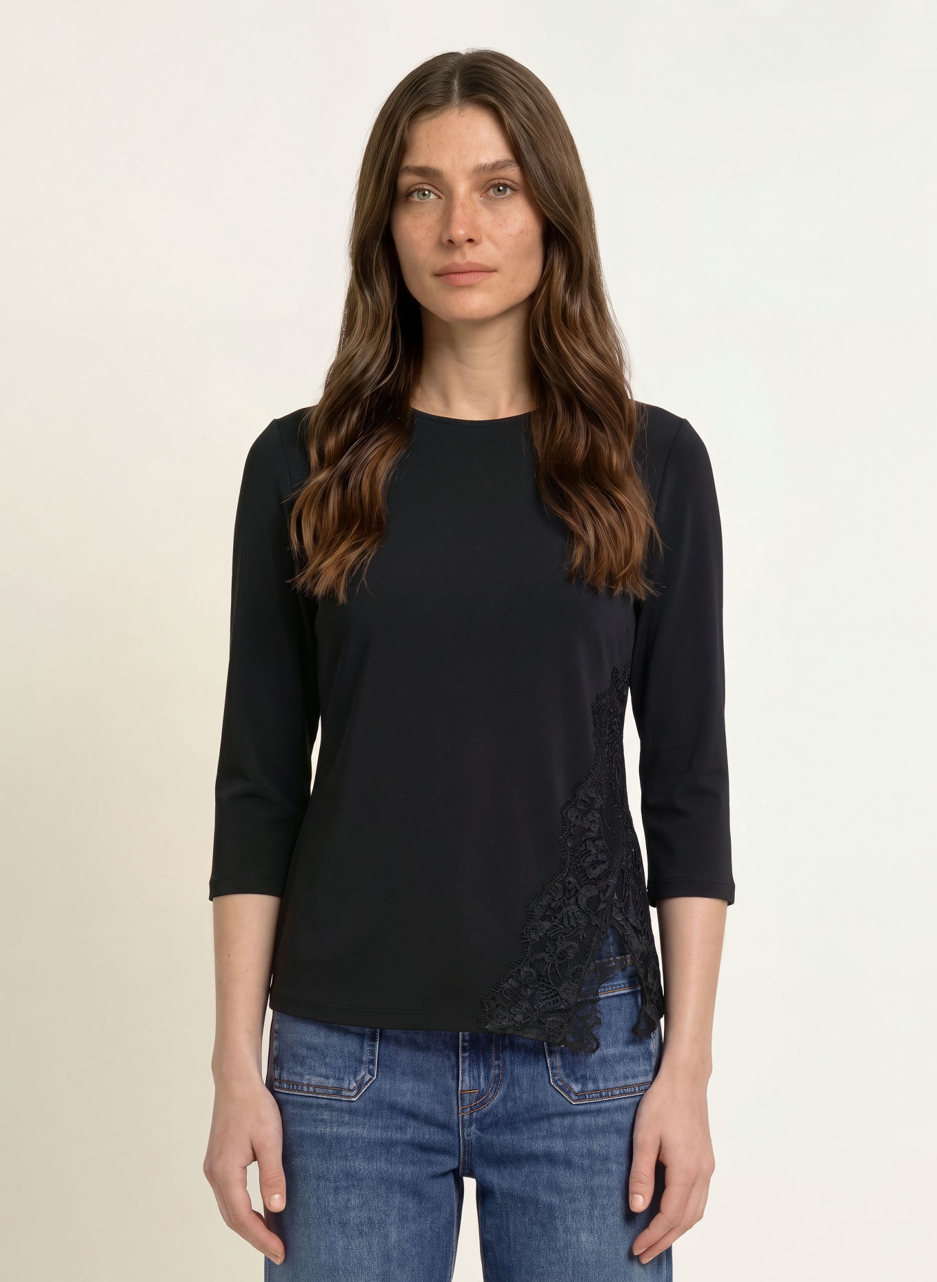 Calvin Klein Shirt mit 3/4-Arm und Spitze: SCHWARZ