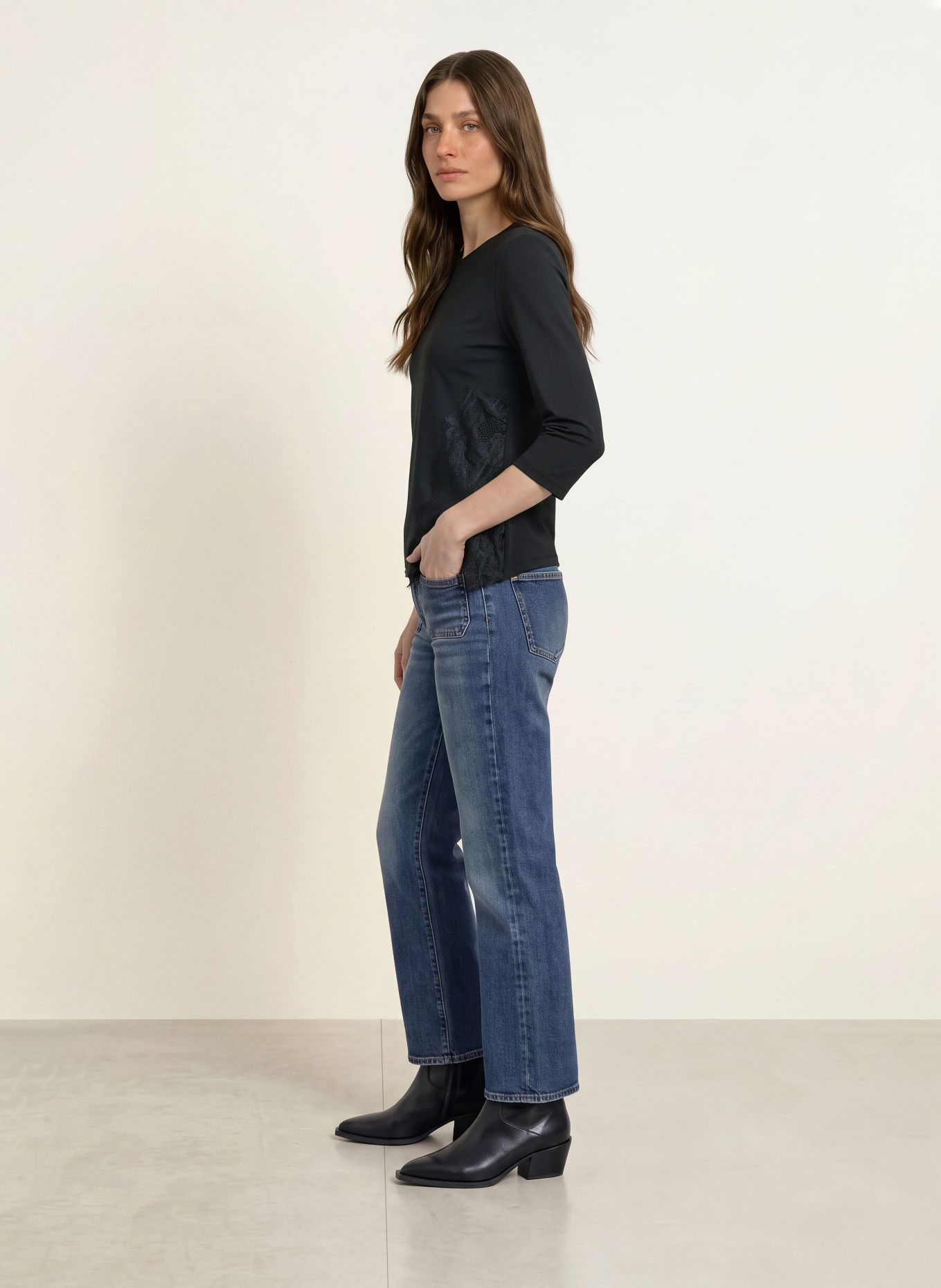 Calvin Klein Shirt mit 3/4-Arm und Spitze: SCHWARZ